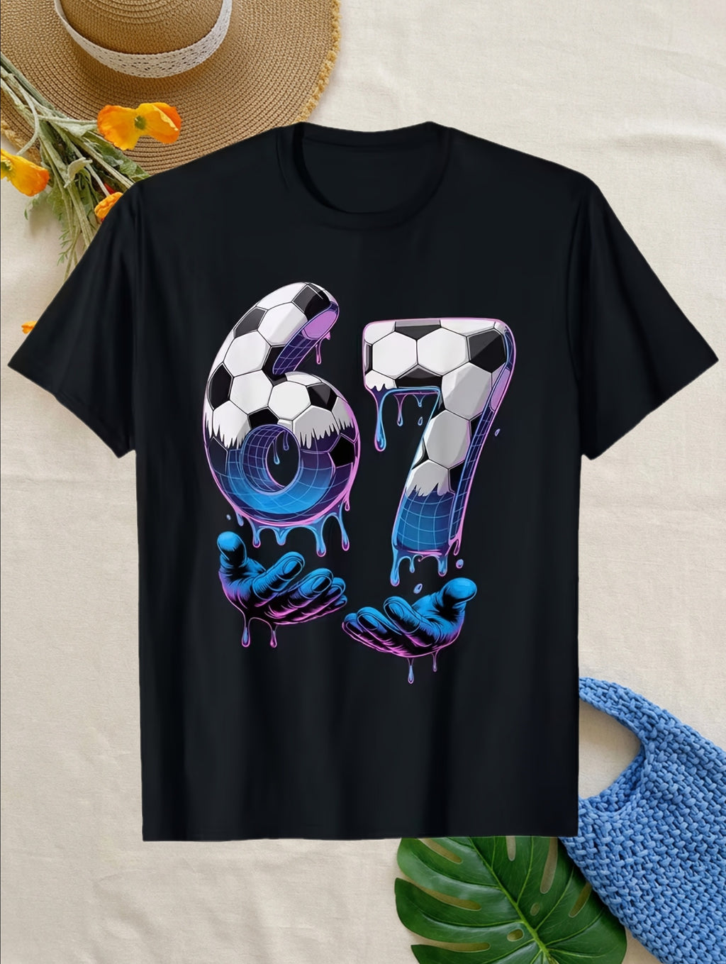 Soccer "67" Boys and Girls Ice Cream Drip Fun Six Seven Hand  Pack T-Shirt, Spring/Summer Comfortable Casual Crew Neck, Breathable, Casual Style, Crew Neck, Perfect for Kids, Printed Pattern