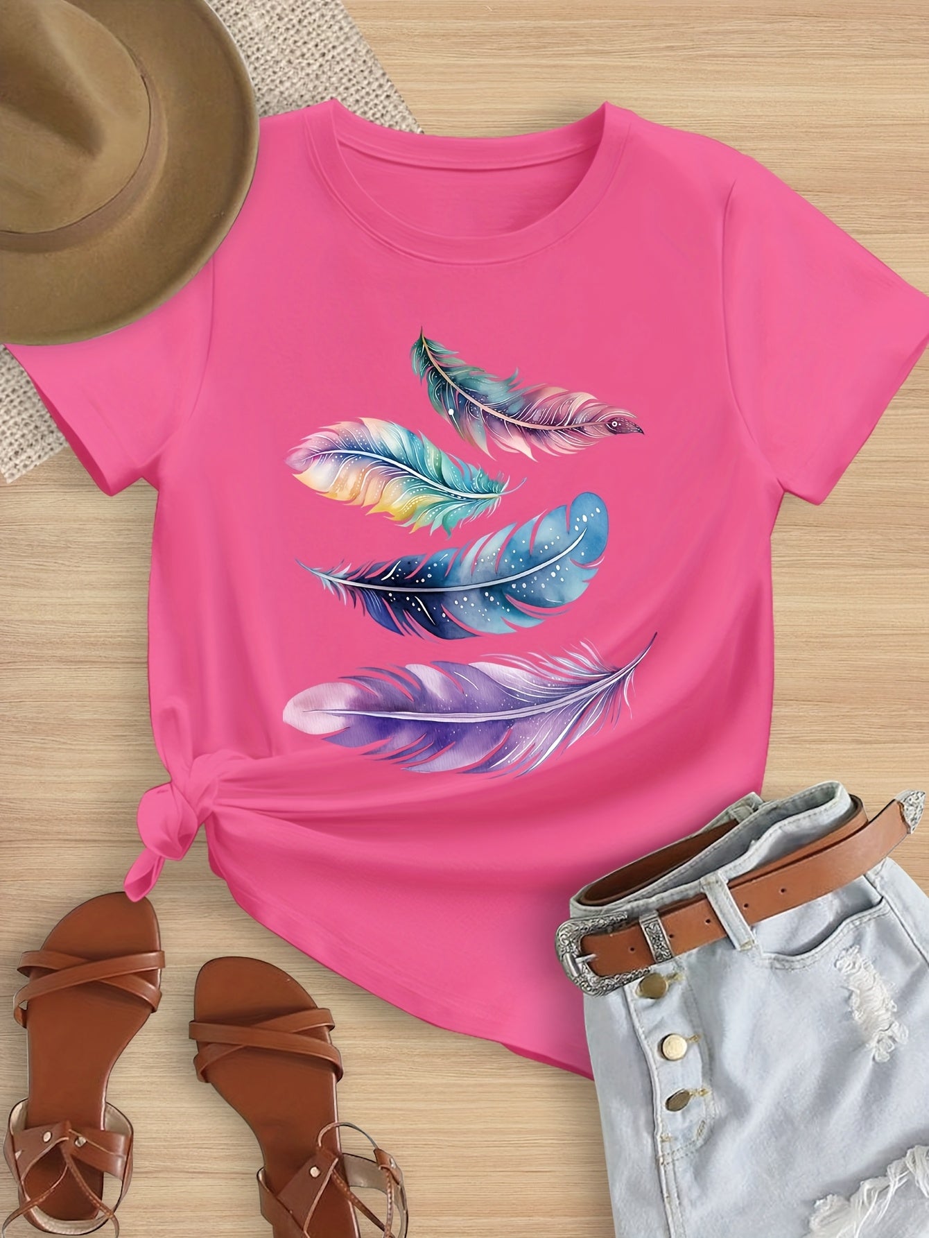 Girls' Summer Short Sleeve T-Shirt with Colorful Feather Print, Soft, Elastic And Comfortable Round Neck Short Sleeve Tee, Girls' Casual Outdoor Sports Summer Top, Suitable for Ages 7-14