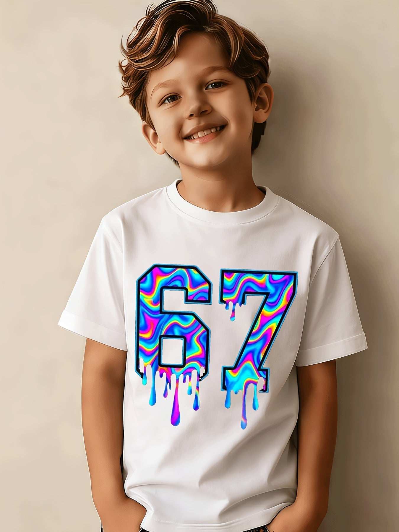 Soft And Breathable Vortex Six Seven Drops 6 7 Boys And Girls Pattern T-Shirt - Crew Neck Shirt, Suitable for Early Elementary School - Birthday Party Clothes Or Everyday Play Clothes - Easy-Care Parent-Favorite Clothes, Casual Wear