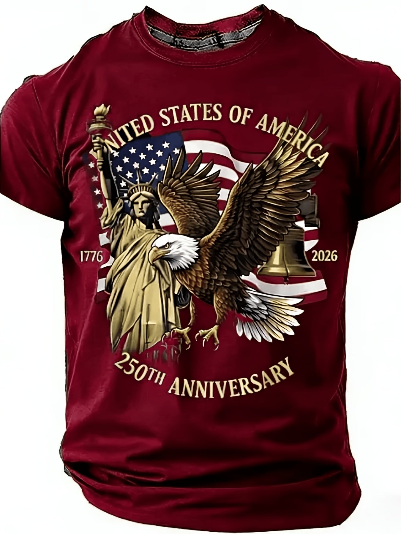 Large Round-Neck Short-Sleeved T-Shirt, Large Independence Day 250Th Anniversary T-Shirt, Featuring The National Flag, Eagle, And Statue of Liberty Prints, Loose-Fitting Top, Plus Size