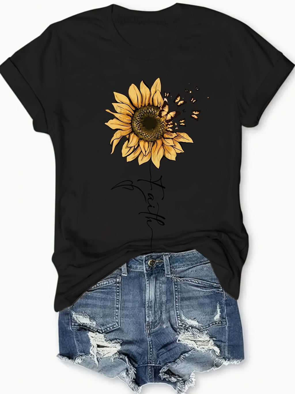 Women's Sunflower & Butterfly Print T-Shirt - Casual Short Sleeve Round Neck Blouse with Sunflower & Butterfly Design, Medium Stretch Fabric, Spring Summer Warm Weather Outfits, Machine Washable Opaque Top for Casual & Dressy Occasions -