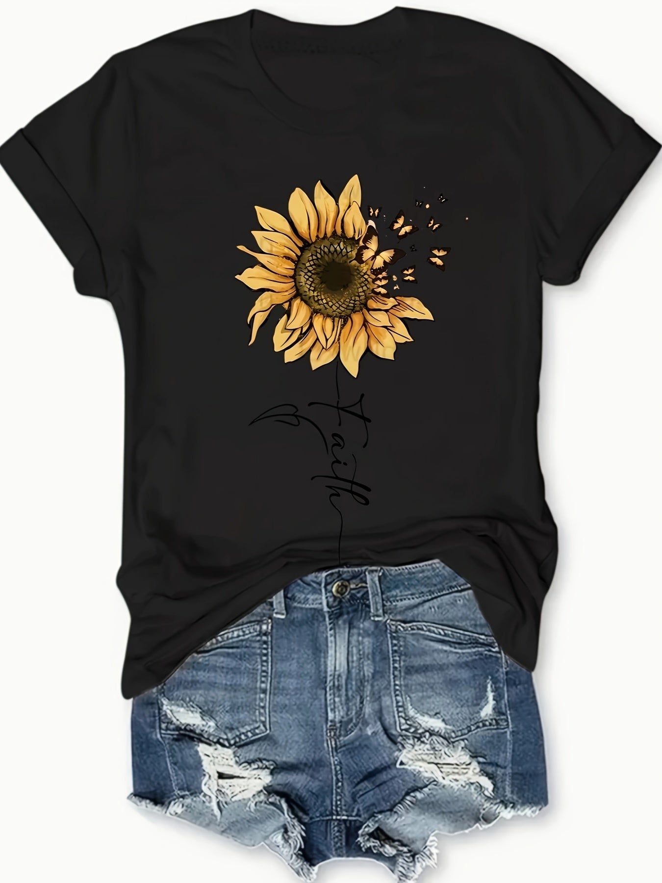Women's Sunflower & Butterfly Print T-Shirt - Casual Short Sleeve Round Neck Blouse with Sunflower & Butterfly Design, Medium Stretch Fabric, Spring Summer Warm Weather Outfits, Machine Washable Opaque Top for Casual & Dressy Occasions -