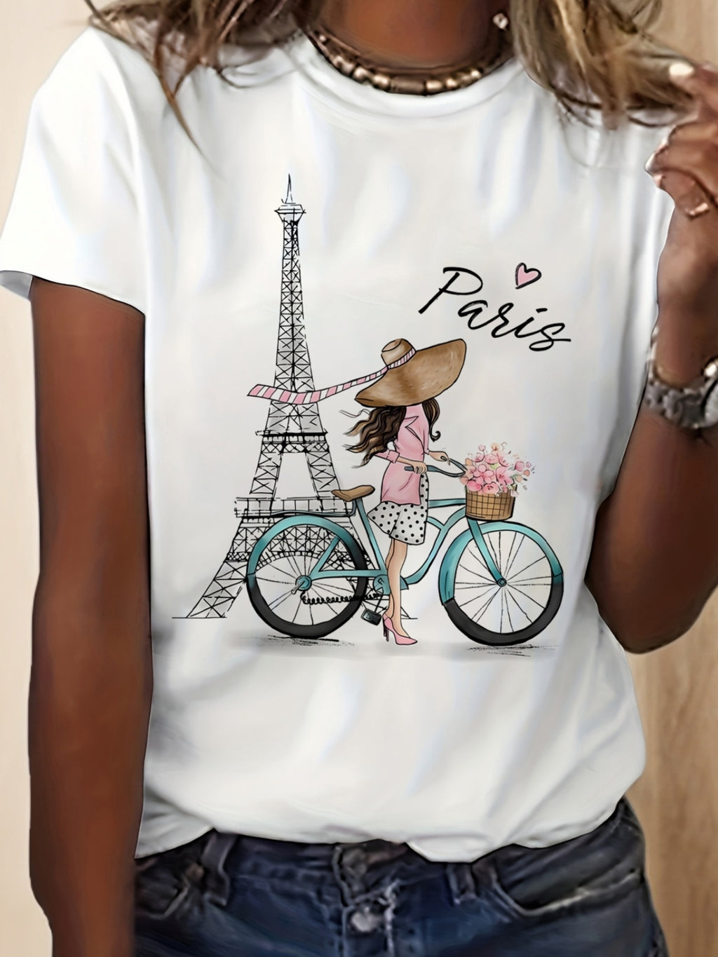 Graphic Print T-Shirt Featuring a Parisian with a Bicycle, Short-Sleeved Crew Neck Casual Top Ideal for Spring And Summer, Women'S Apparel
