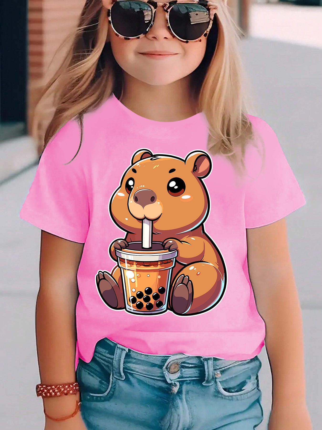 Girls' Summer Short Sleeve T-Shirt with Cute Bear Drinking Boba Milk Tea & Letter Print Round Neck Blouse - Casual Summer Top for, Playdates, Casual Attire - Easy-Care for & Little Girls (DX5334)