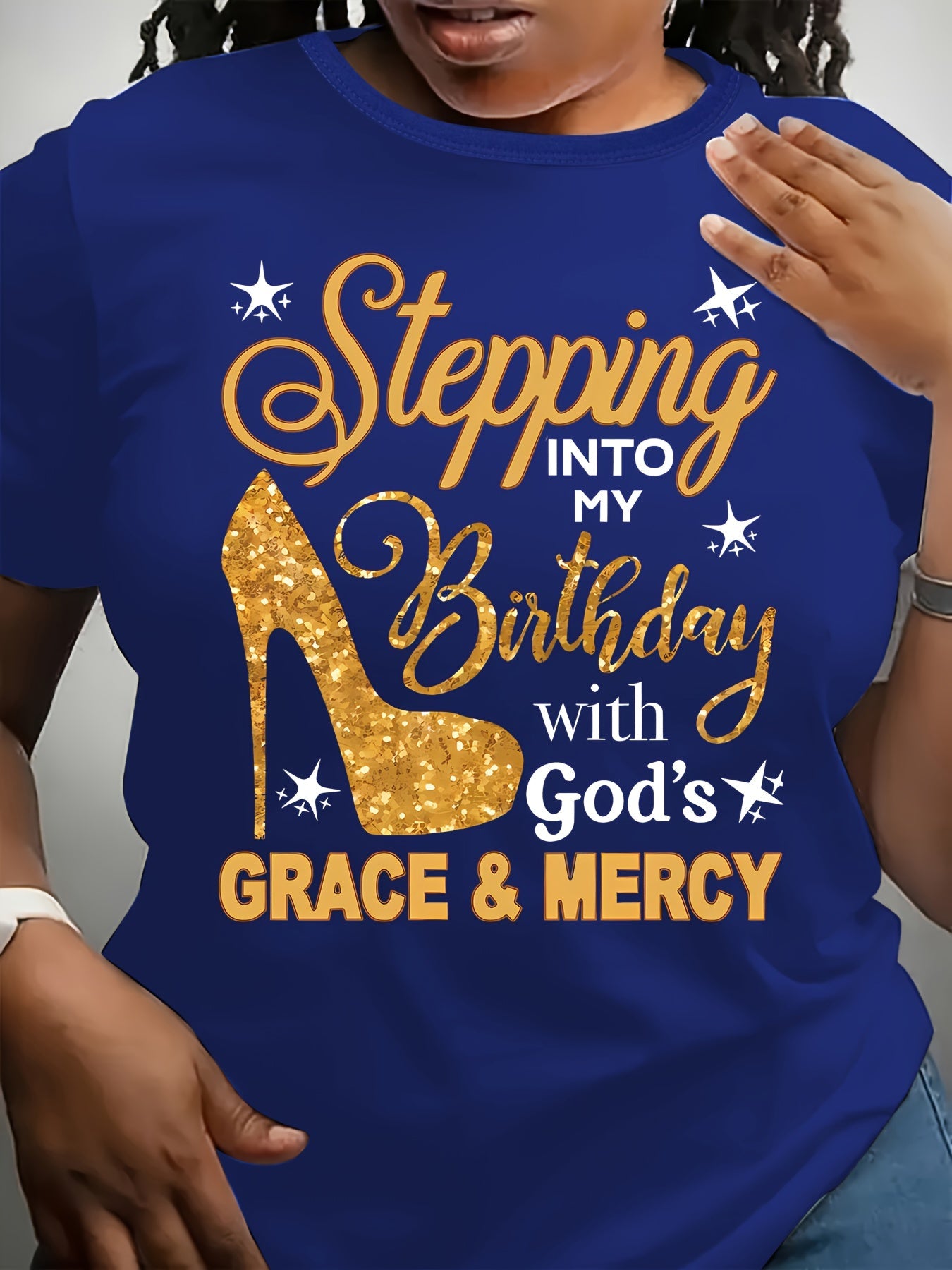 Plus Size, Plus-size Casual Fashion Printed T-shirt for Women, Trendy Lettering, High Heels, Base Layer, Daily Outing