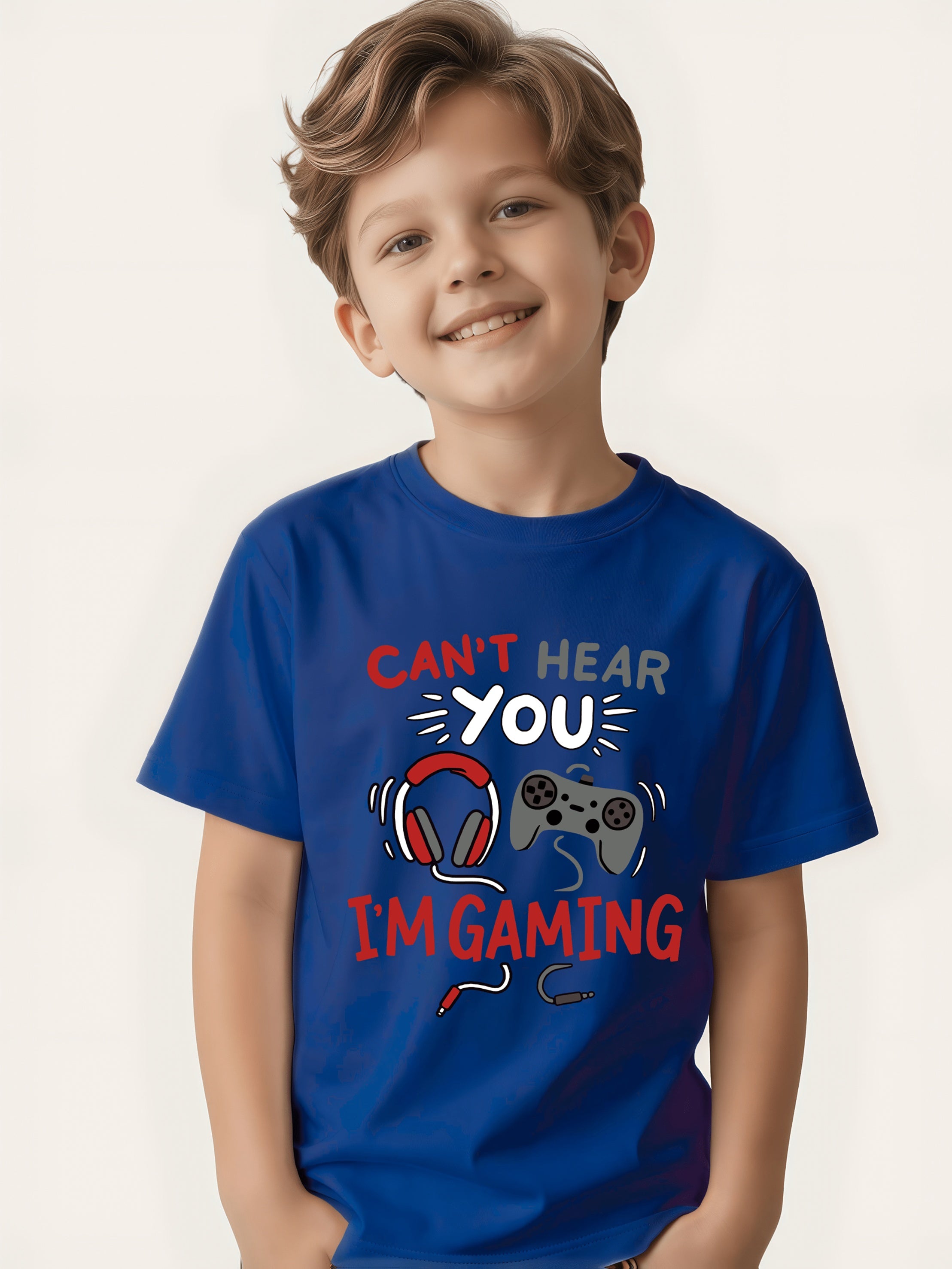Boys' Graphic T-Shirt - "Can't Hear You While Gaming" Slogan Tee - Casual Loose-Fit Breathable Fashion Top for Gamers - Orange Daily Casual and LAN Party Outfit - Machine Washable Summer Apparel, Gaming Style, Crew Neck Design, Youth Style