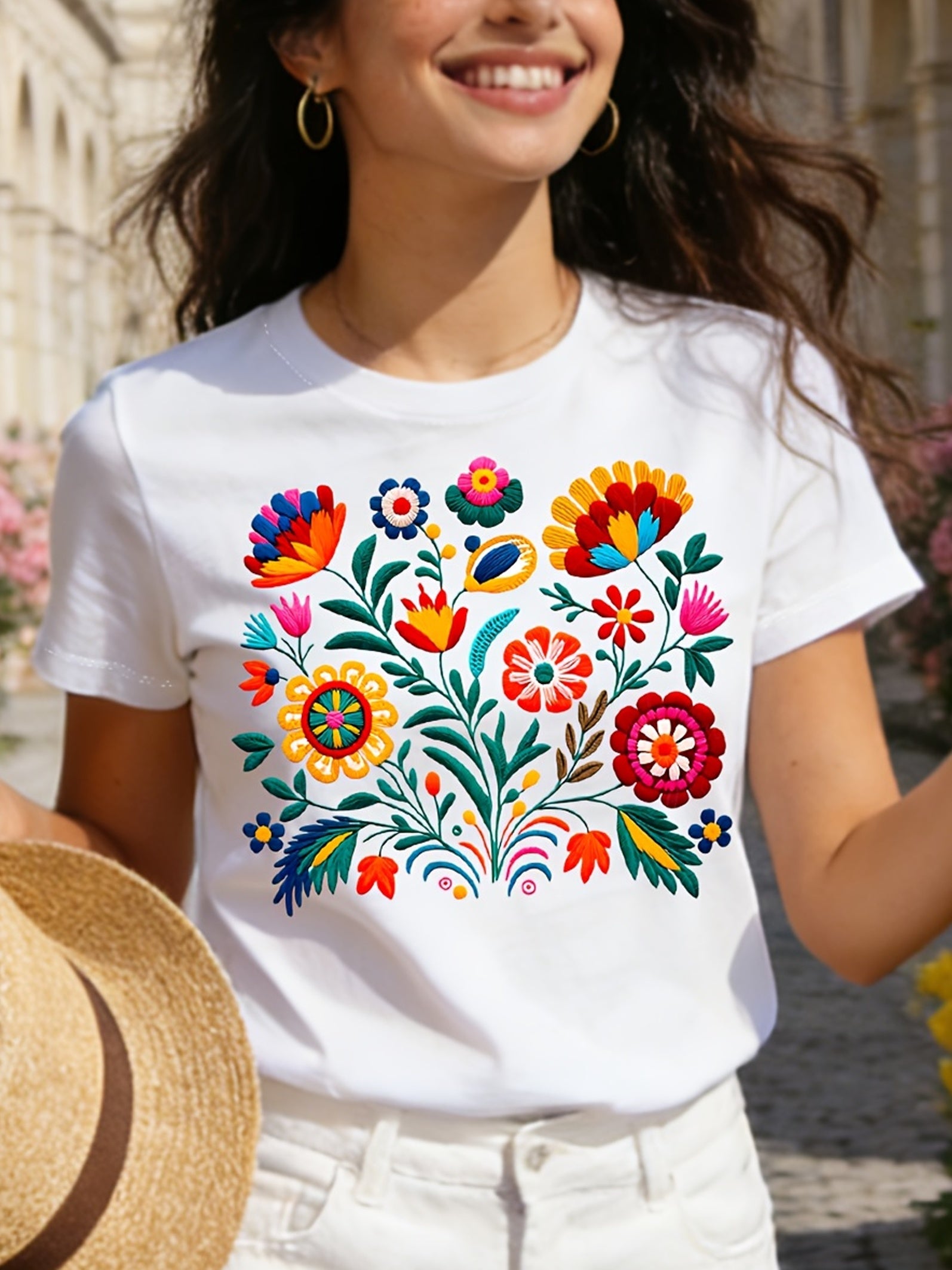 Mexican Color Floral Fiesta Letter Print T-shirt, Casual Short Sleeve Crew Neck Top Women's Clothing