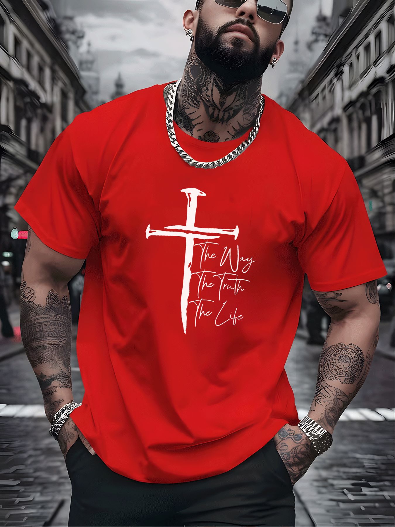 Classic Christian Graphic Tee with White Cross The Way The Truth The Life Print Men'S Fashion Street Style Casual Wear Adults Men Daily Outfit