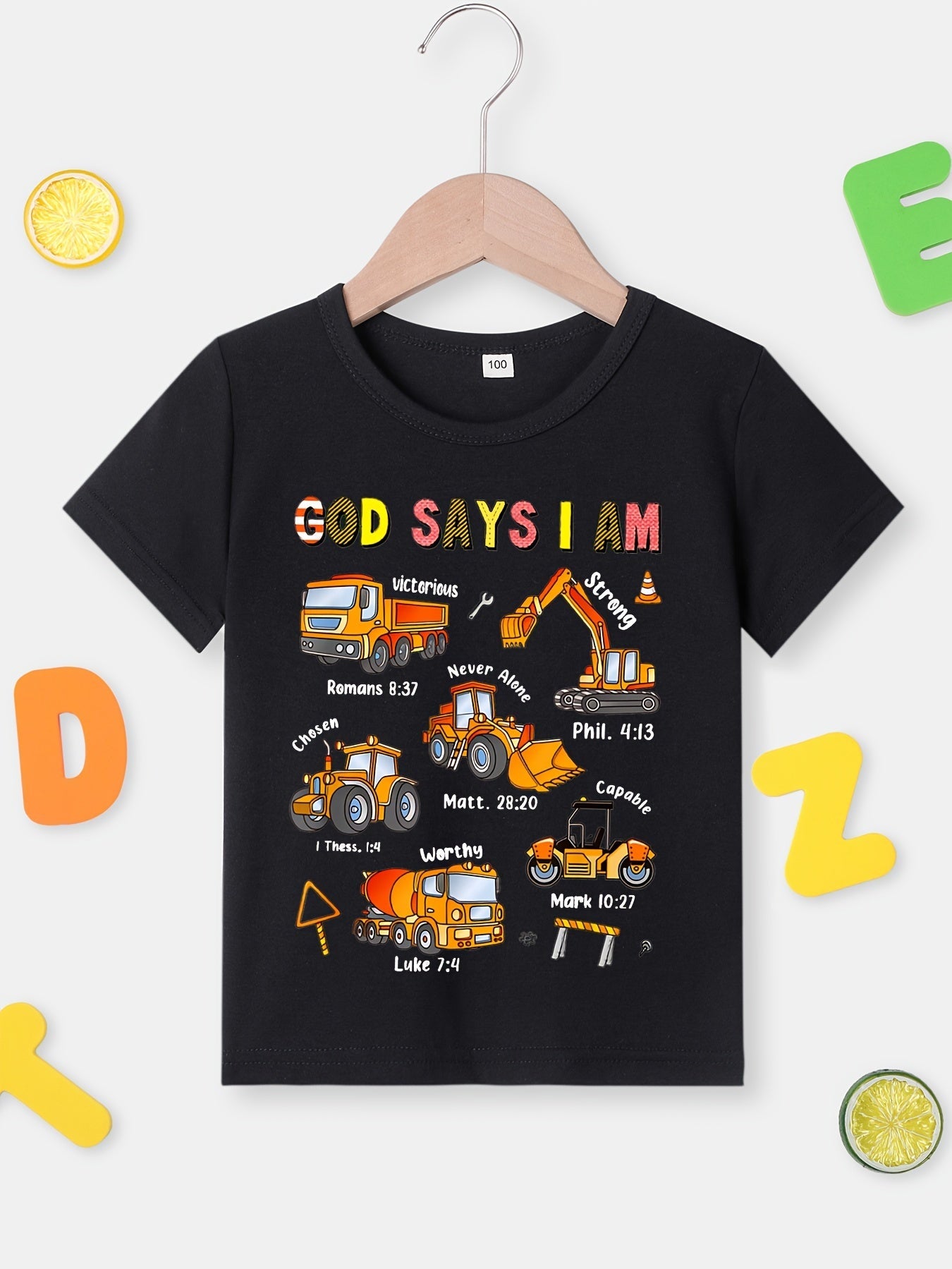 Boys' Fashionable Children's T-Shirt "God Says I Am..." Excavator and Truck Print, Cute Short-Sleeve T-Shirt, Versatile Casual Top