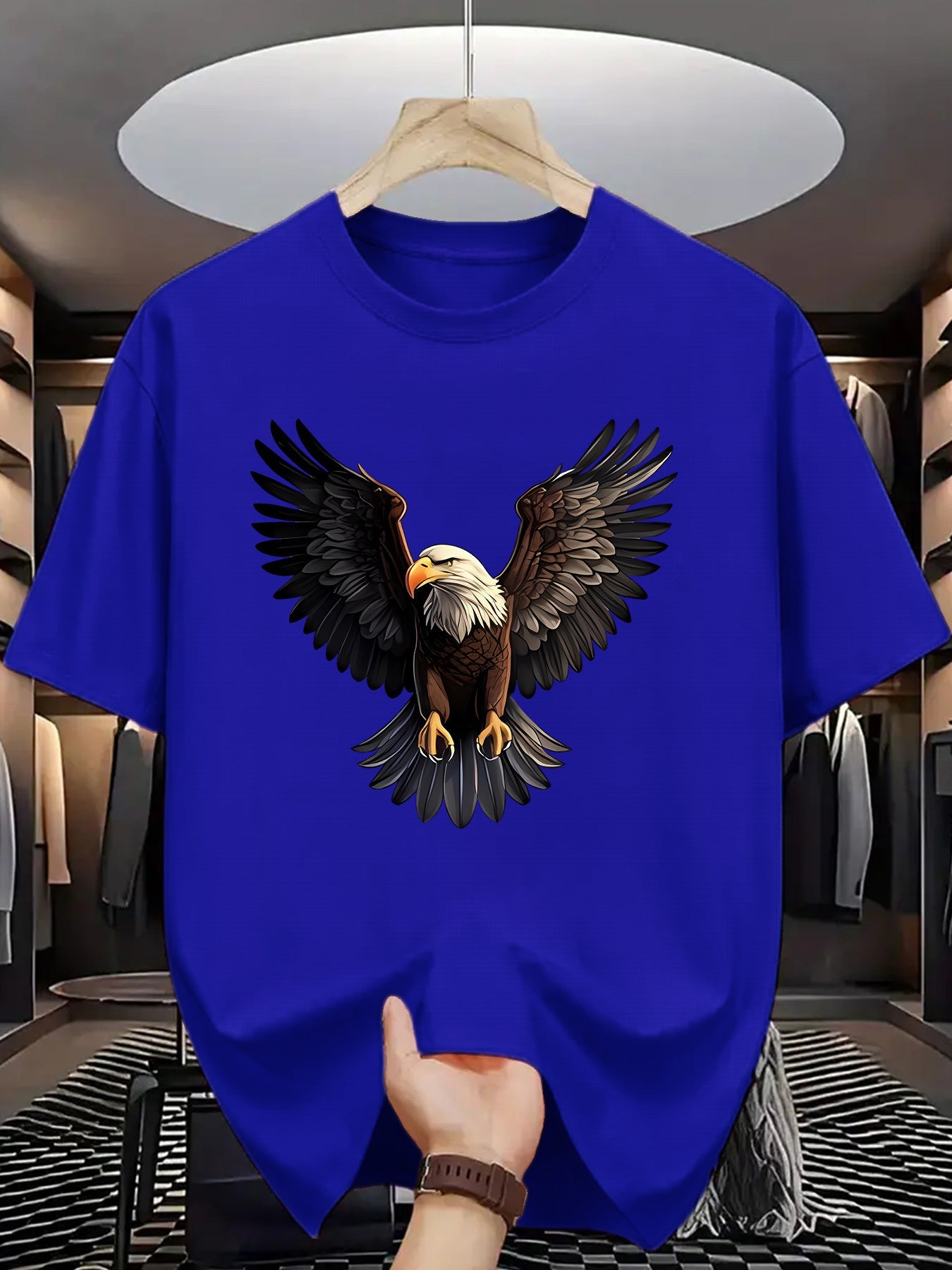 1pc Men'S Summer Fashion Eagle Print Short Sleeve T-Shirt, Casual Crew Neck Polyester Tee with Slight Stretch, Knit Fabric Letter Pattern Print for Adults