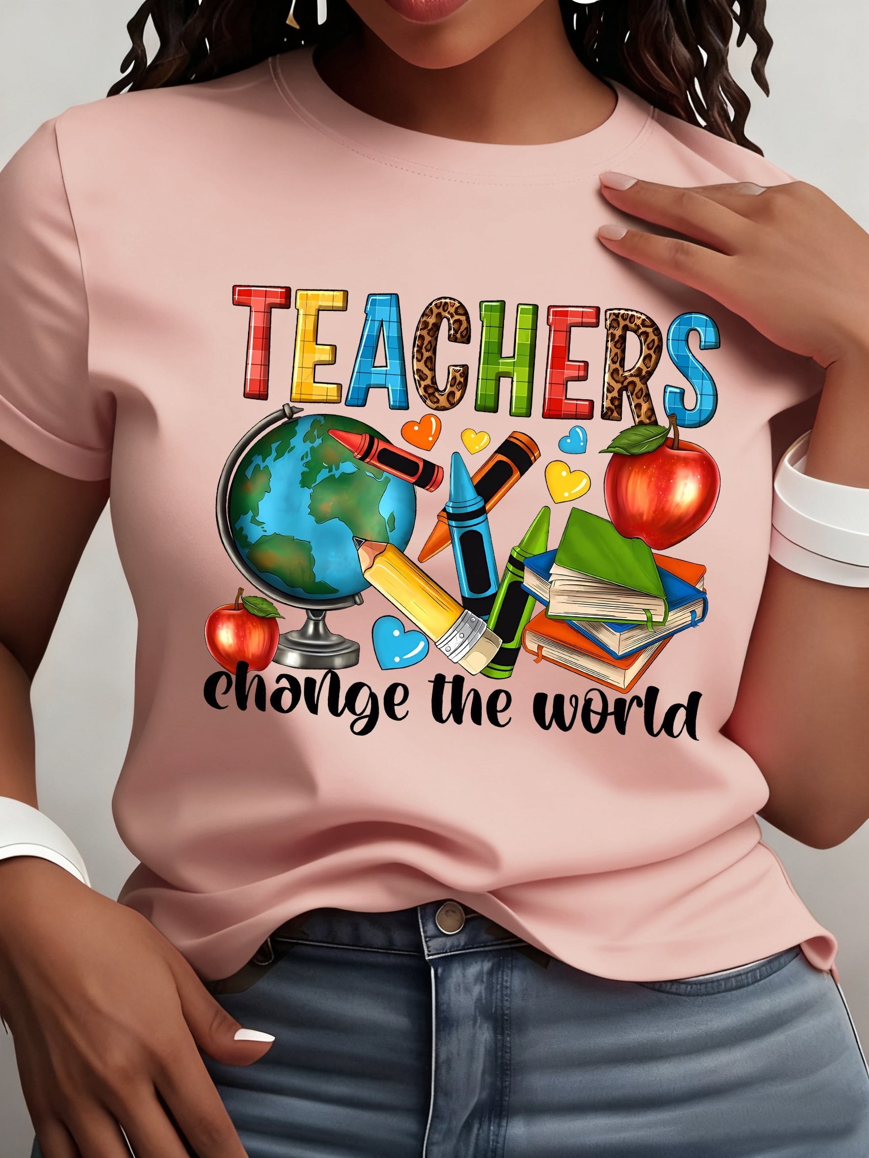 Teacher Print Crew Neck T-Shirt, Casual Short Sleeve T-Shirt for Spring & Summer, Women's Clothing
