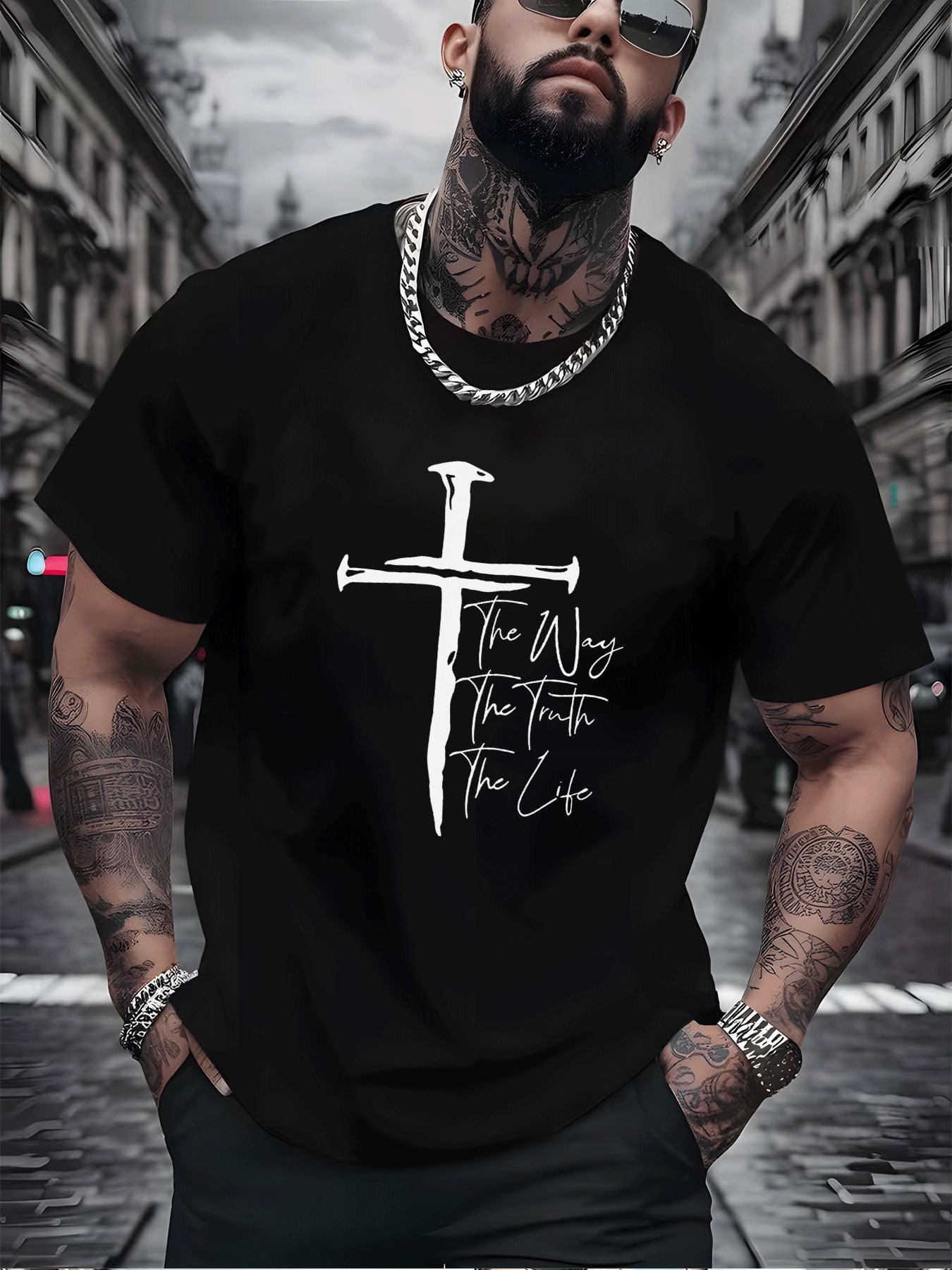 Classic Christian Graphic Tee with White Cross The Way The Truth The Life Print Men'S Fashion Street Style Casual Wear Adults Men Daily Outfit