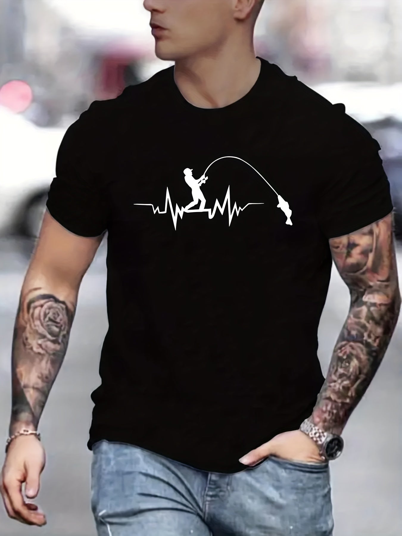 Fishing Lover Creative Print Stylish T-shirt For Men, Casual Summer Top, Comfortable And Fashion Crew Neck Short Sleeve, Suitable For Daily Wear