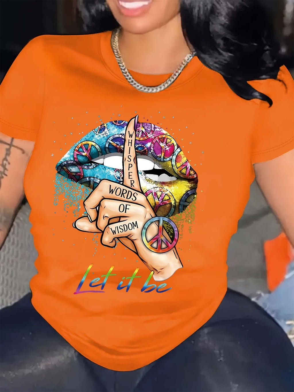Gesture Print Crew Neck T-Shirt, Casual Short Sleeve T-Shirt for Spring & Summer, Women's Clothing