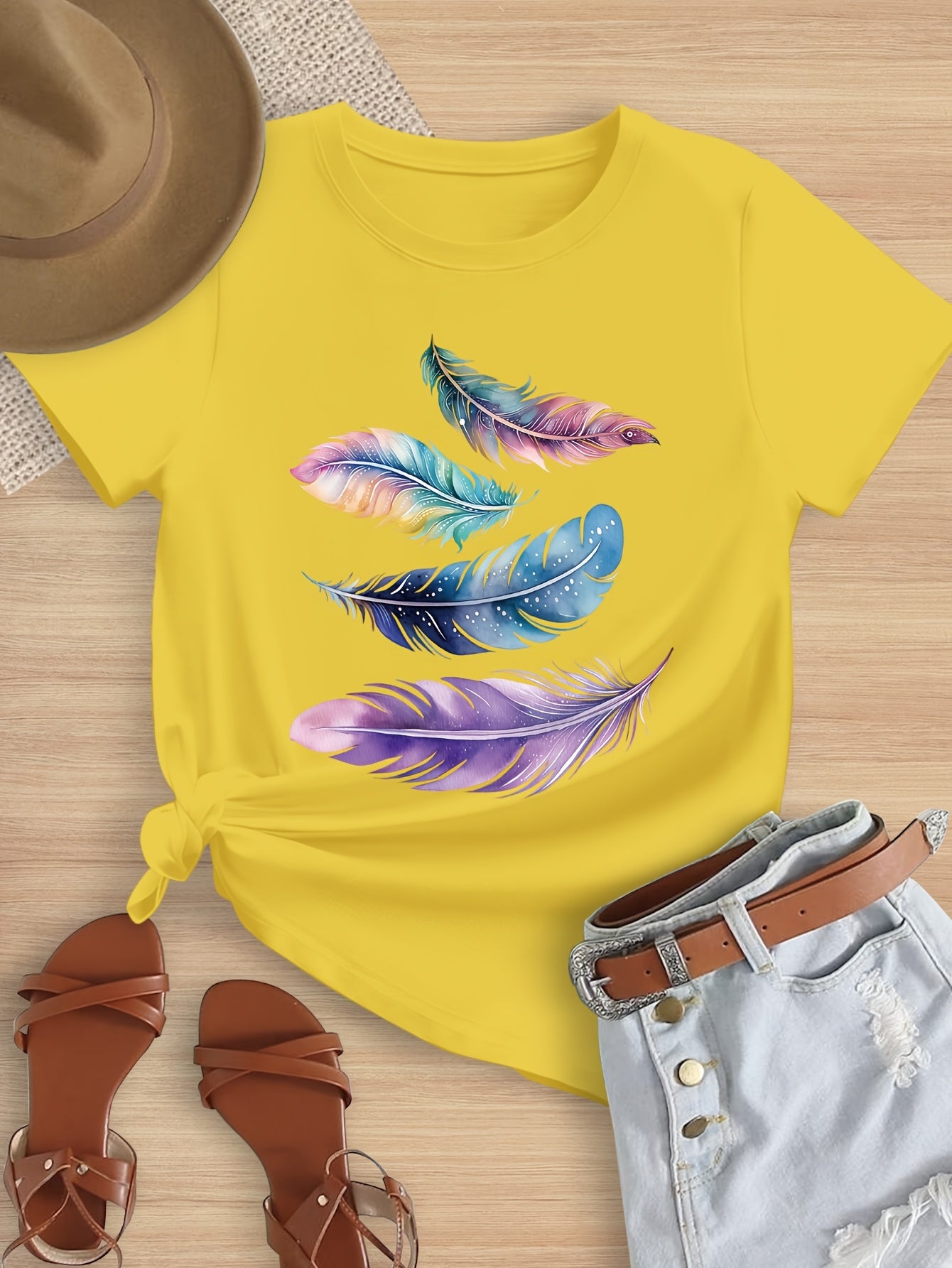 Girls' Summer Short Sleeve T-Shirt with Colorful Feather Print, Soft, Elastic And Comfortable Round Neck Short Sleeve Tee, Girls' Casual Outdoor Sports Summer Top, Suitable for Ages 7-14