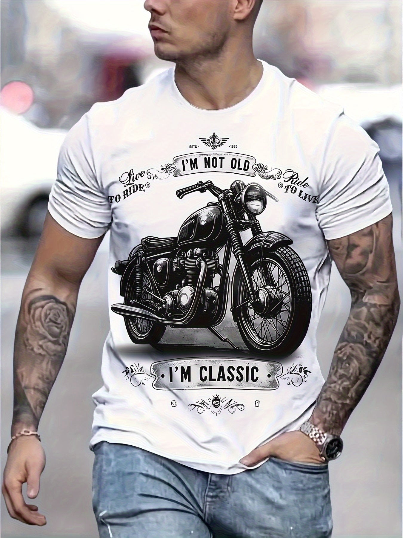 Summer Casual Men's 3D Digital Vintage Style Motorcycle Print and "I'M NOT OLD I'M CLASSIC" Graphic Short Sleeve Crew Neck T-Shirt, Father's Day Gift - Boyfriend Gift - Fashionable Summer Top for Outdoor Activities