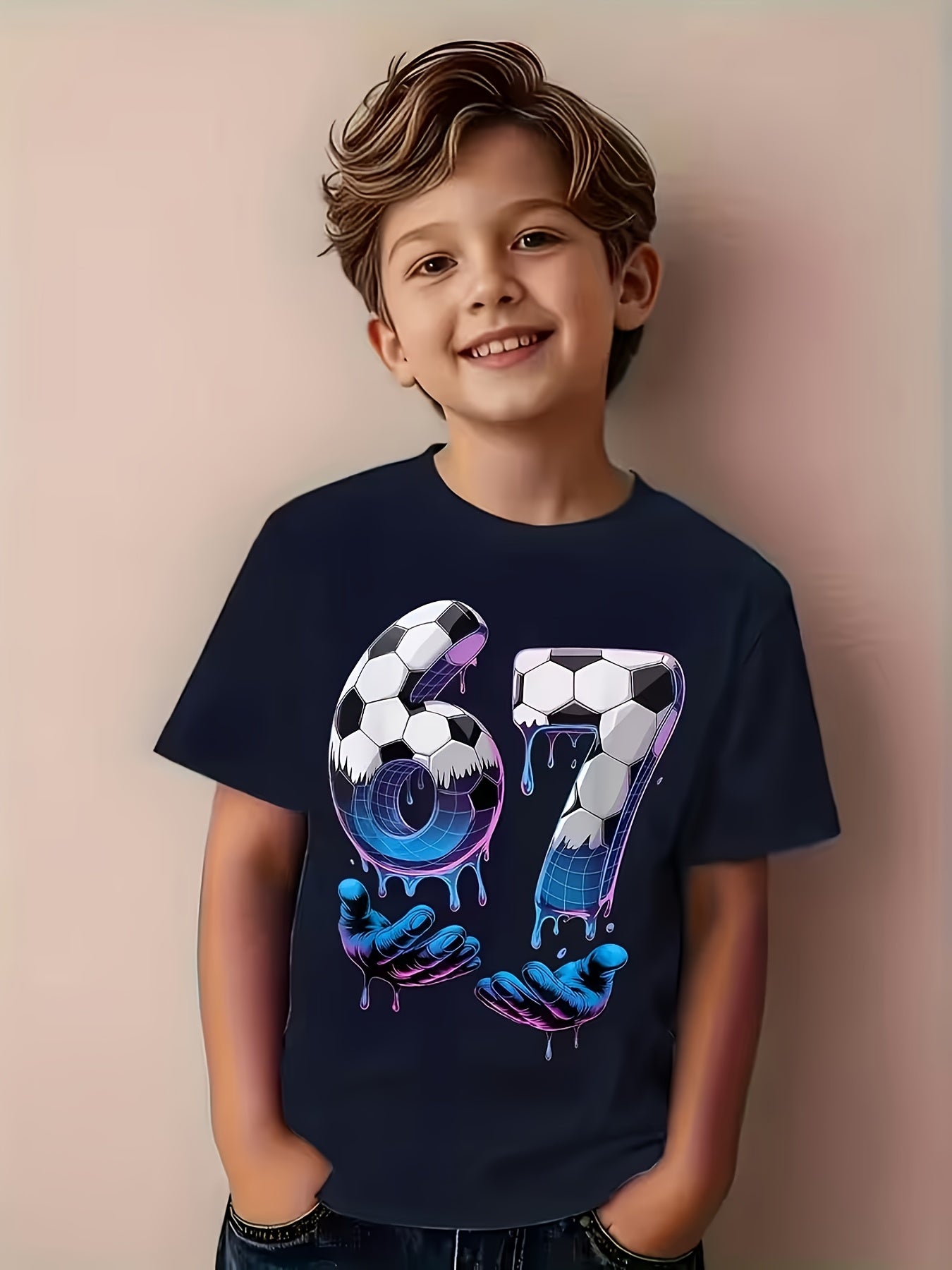 Children's Football "67" T-shirt - Neon Green and Turquoise Football Pattern with Drip Design, Suitable for Casual Round Neck T-shirt of Fans and Players