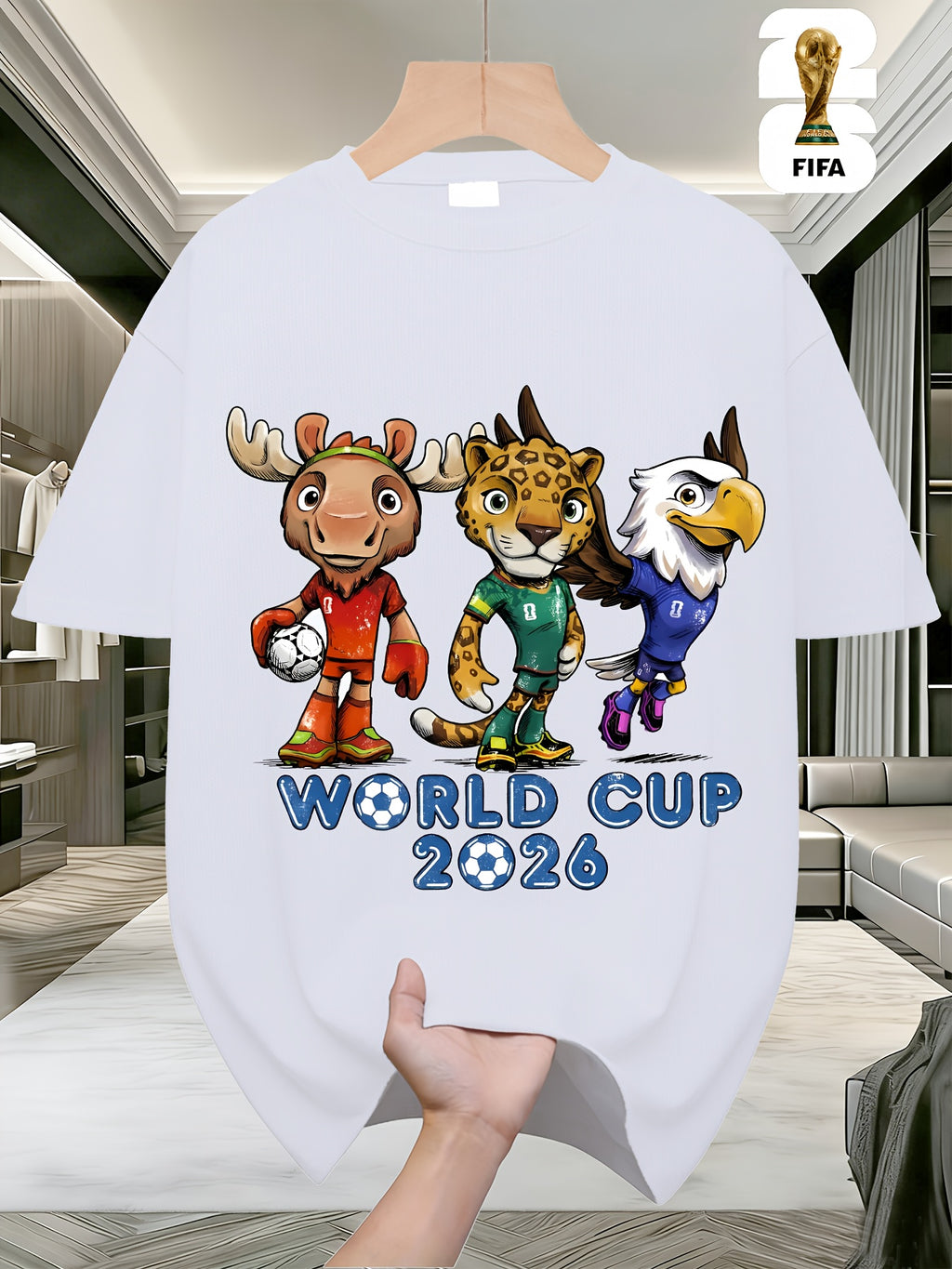 FIFA World Cup Football Men's Fashionable Short-sleeved T-shirt with a US, Canada and Mexico Themed Print. A Casual and Comfortable Summer T-shirt with a Cartoon Theme Design, Perfect for Outdoor Summer Wear, Birthday Gifts, and World Cup Presents.
