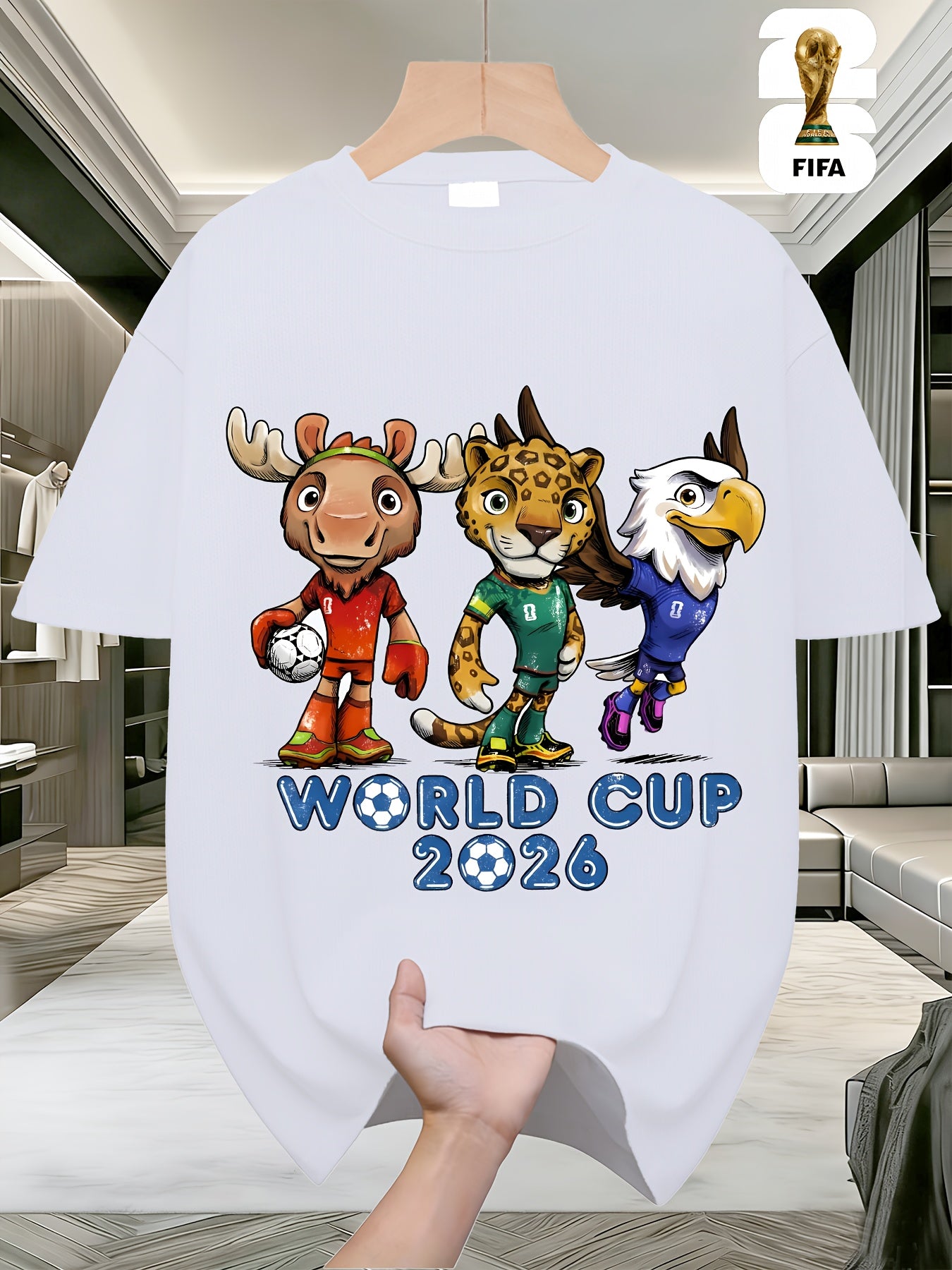 FIFA World Cup Football Men's Fashionable Short-sleeved T-shirt with a US, Canada and Mexico Themed Print. A Casual and Comfortable Summer T-shirt with a Cartoon Theme Design, Perfect for Outdoor Summer Wear, Birthday Gifts, and World Cup Presents.