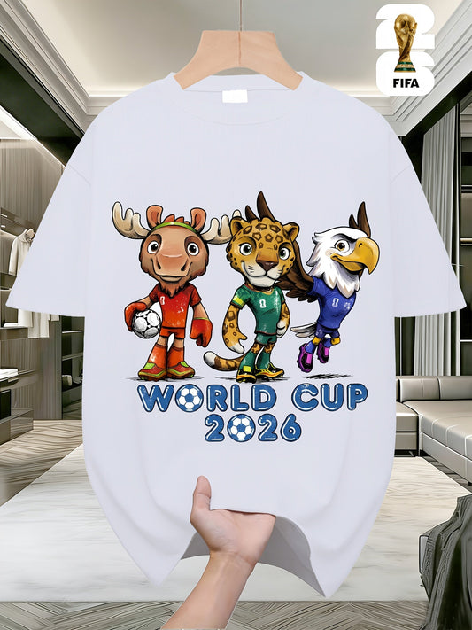 FIFA World Cup Football Men's Fashionable Short-sleeved T-shirt with a US, Canada and Mexico Themed Print. A Casual and Comfortable Summer T-shirt with a Cartoon Theme Design, Perfect for Outdoor Summer Wear, Birthday Gifts, and World Cup Presents.