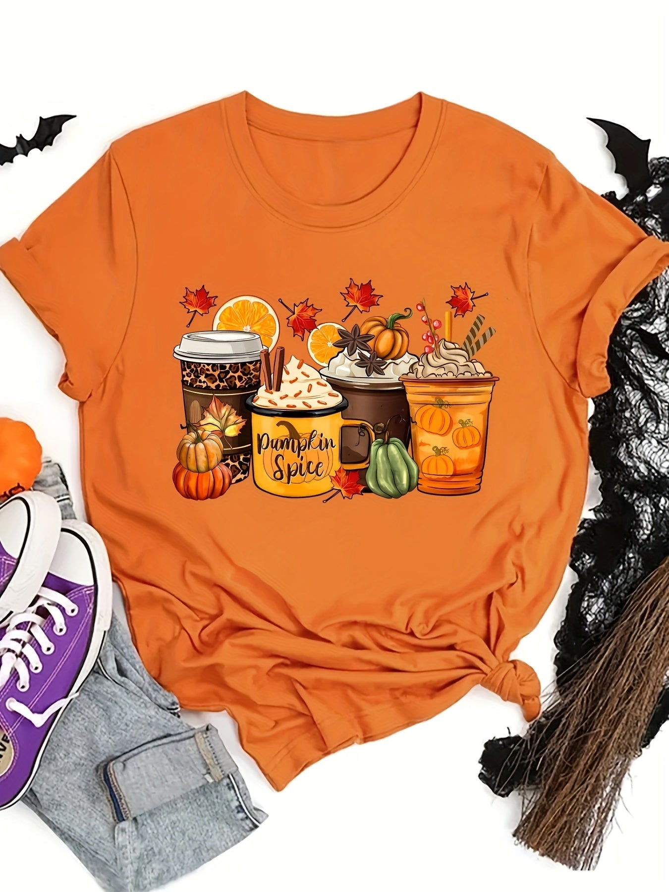 Women'S Short-Sleeve Round Neck T-Shirt with Pumpkin Spice Print