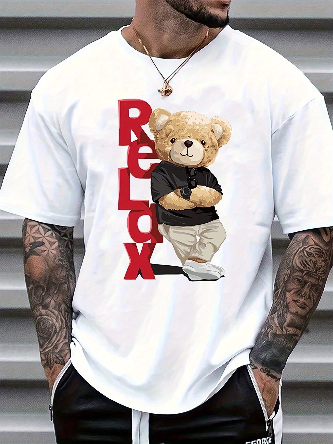 Men's Bear Print Short Sleeve T-Shirt - Summer Casual Round Neck Tee with Bear & Beech Tree Ink Drawing, Comfortable Regular Fit, Machine Washable Opaque Shirt for Outdoor & Casual Attire - In Stock ()