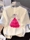 Girls' Cartoon Short Sleeve T-Shirt, with Girl Dancing Flower Pattern, Summer Skin-Friendly Breathable Top - Suitable for Outdoor