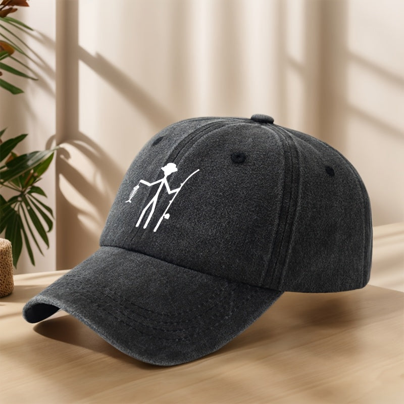 Creative Design Fishing Print Baseball Cap Classic Washed Vintage Duckbill Hat Soft Comfortable Sweat-Absorbing Breathable Hat Outdoor Leisure Sports Fishing Camping Adjustable Sun Hat