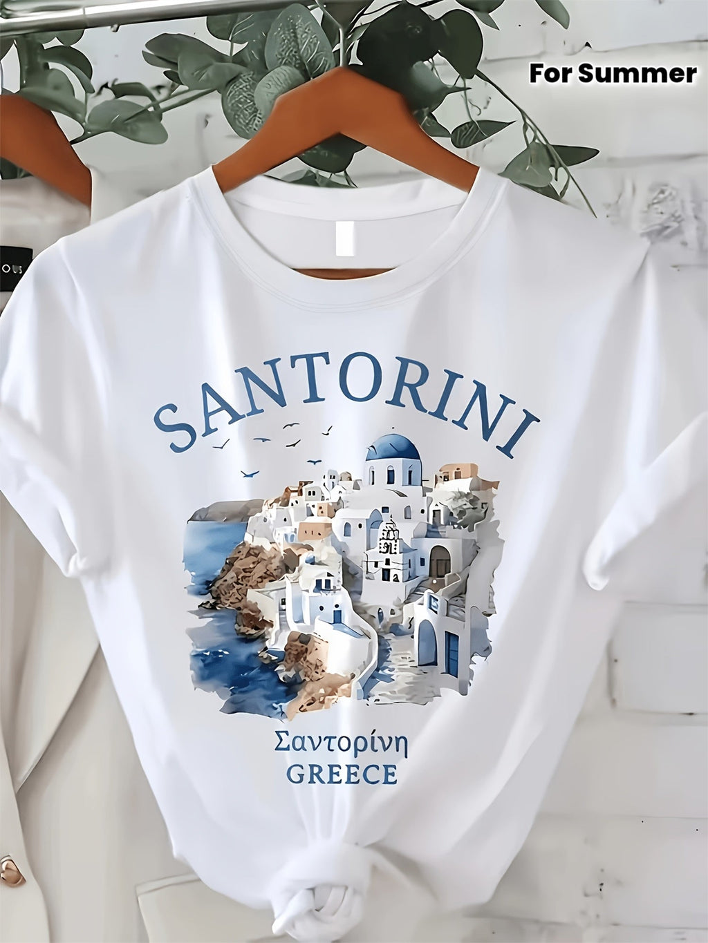 Santorini Print Round Neck T-Shirt, Summer Short Sleeve Casual Top