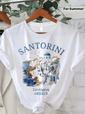 Santorini Print Round Neck T-Shirt, Summer Short Sleeve Casual Top