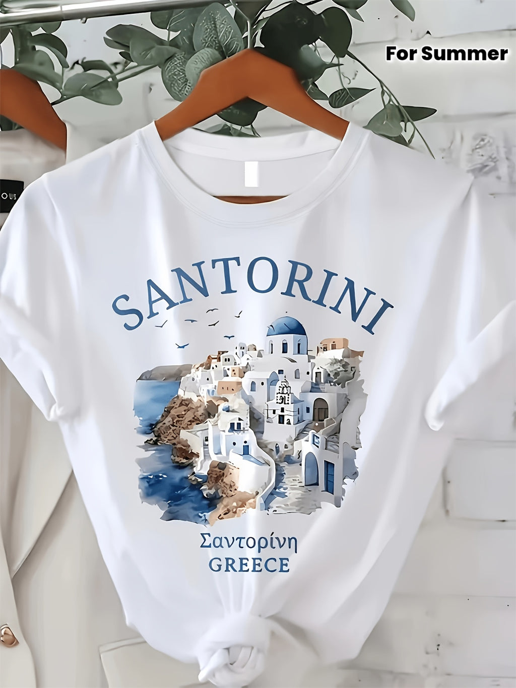 Santorini Print Round Neck T-Shirt, Summer Short Sleeve Casual Top
