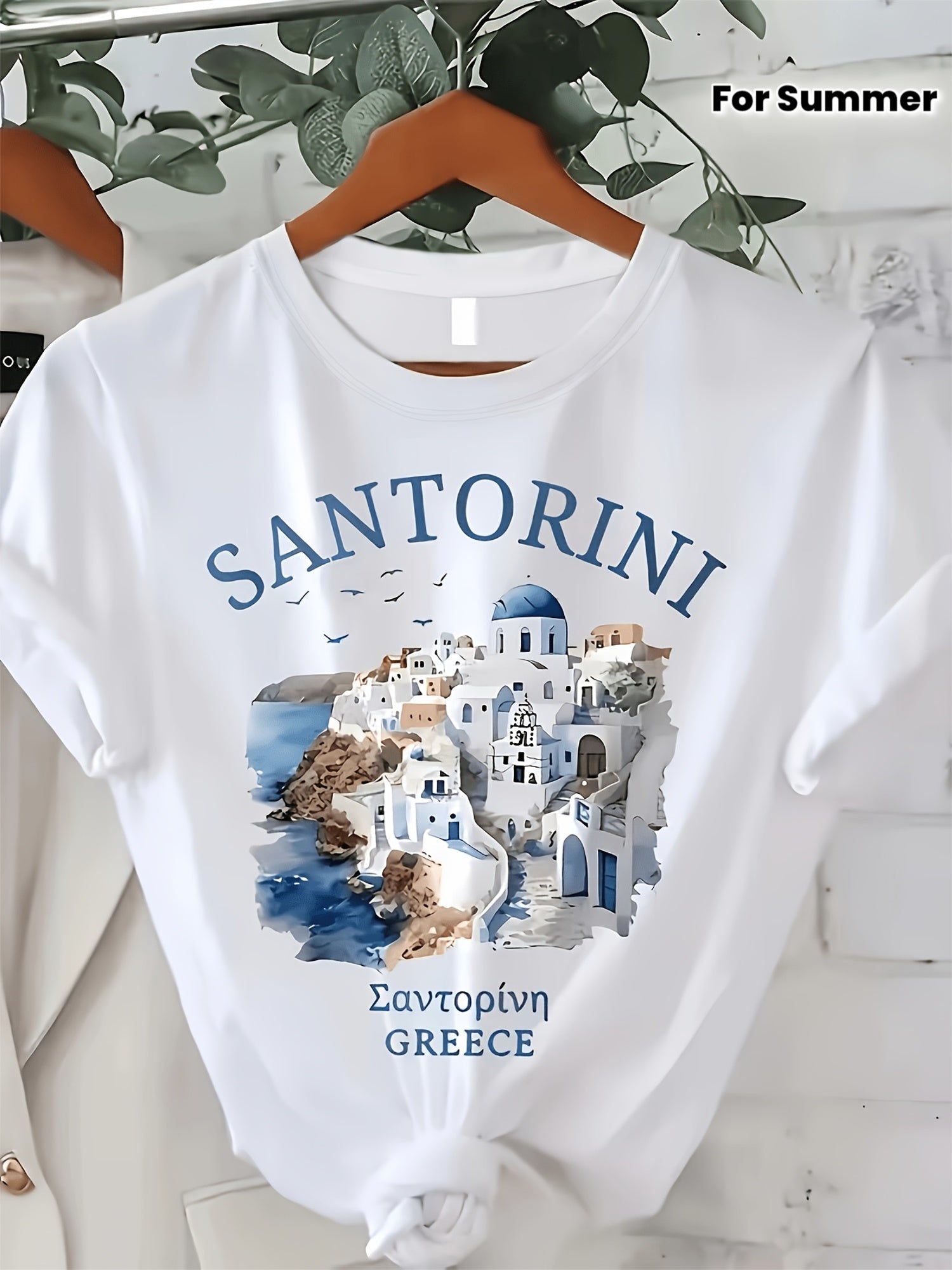 Santorini Print Round Neck T-Shirt, Summer Short Sleeve Casual Top