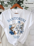 Santorini Print Round Neck T-Shirt, Summer Short Sleeve Casual Top