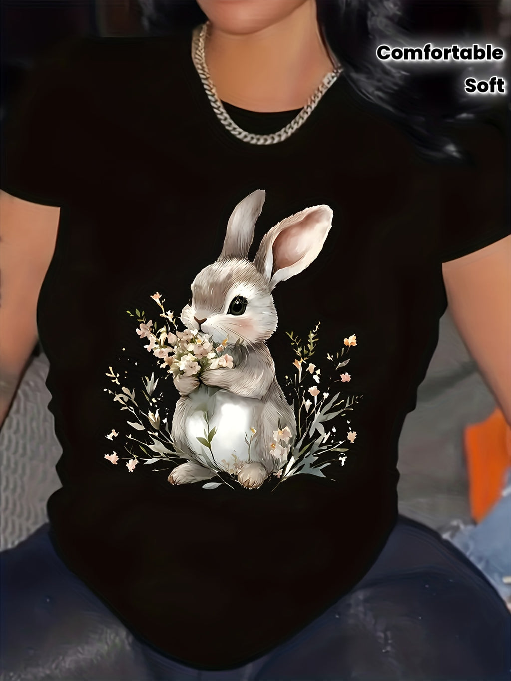 Plus Size - Plus Size - Cute Rabbit Print Plus-Size T-Shirt, Comfortable Round-Neck Top, Made from Soft Fabric, Suitable for All Seasons