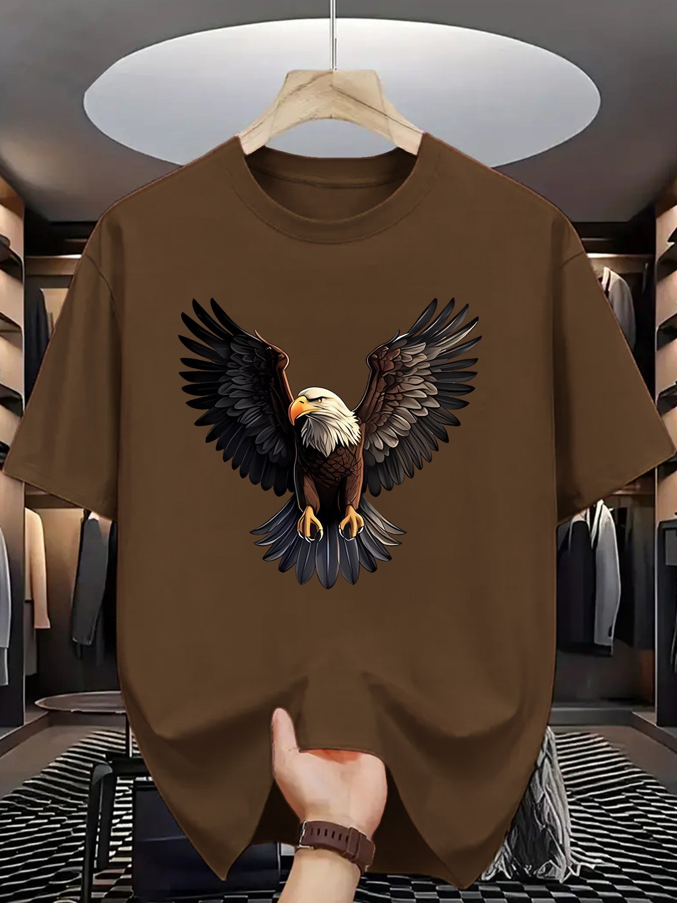 1pc Men'S Summer Fashion Eagle Print Short Sleeve T-Shirt, Casual Crew Neck Polyester Tee with Slight Stretch, Knit Fabric Letter Pattern Print for Adults