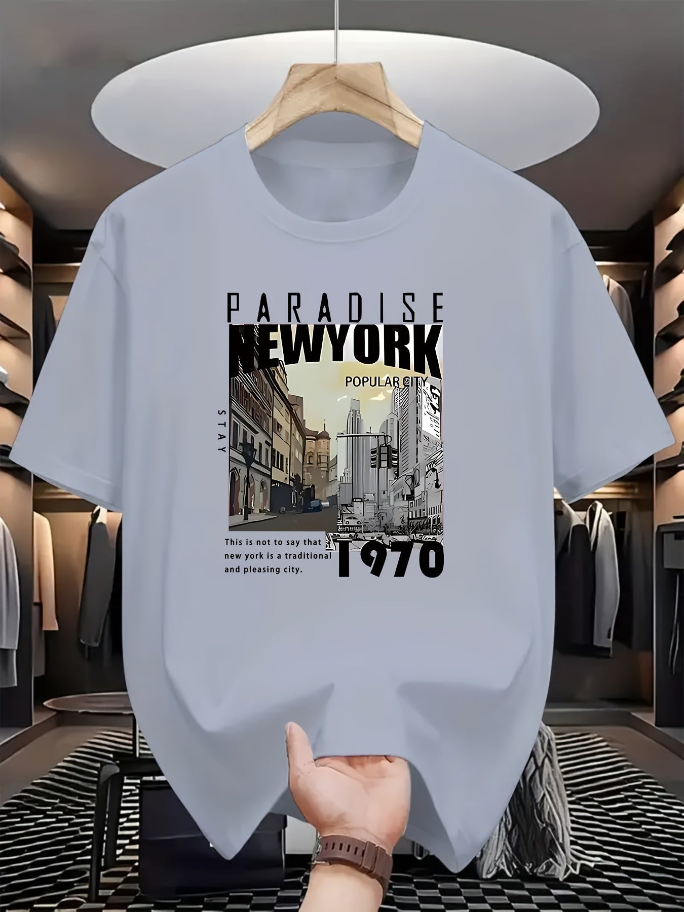 Men'S Fashion Casual PARADISE NEW YORK Print Regular Short Sleeve T-Shirt, Comfortable And Versatile