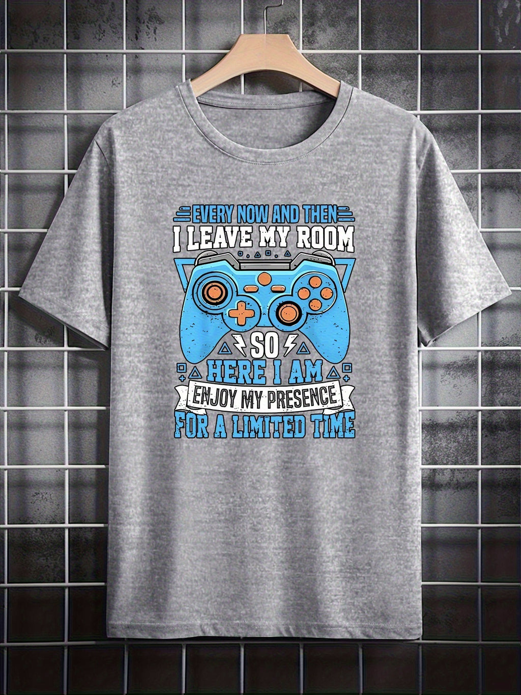 Game Controller Blue Print T-Shirt, Summer, Versatile, Athletic, Trendy T-Shirt, Round Neck Short Sleeve Top, Casual Daily Wear, Men'S Clothing