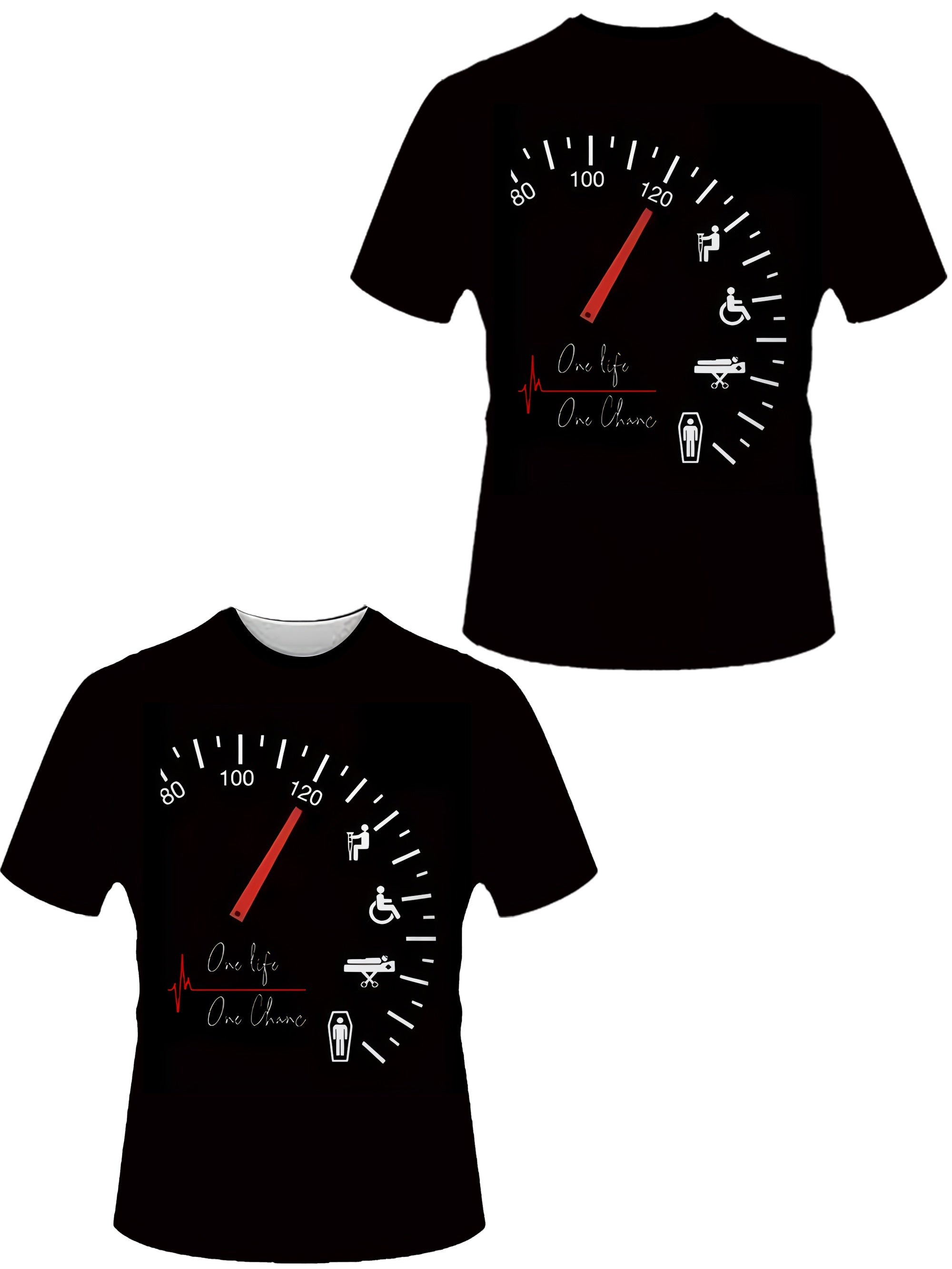 Men's Novelty Car Dashboard Graphic Tee - Casual Black Polyester T-Shirt with 3D Speedometer Print, Round Neck, Short Sleeves - Perfect for Summer Wear, Retro T Shirt