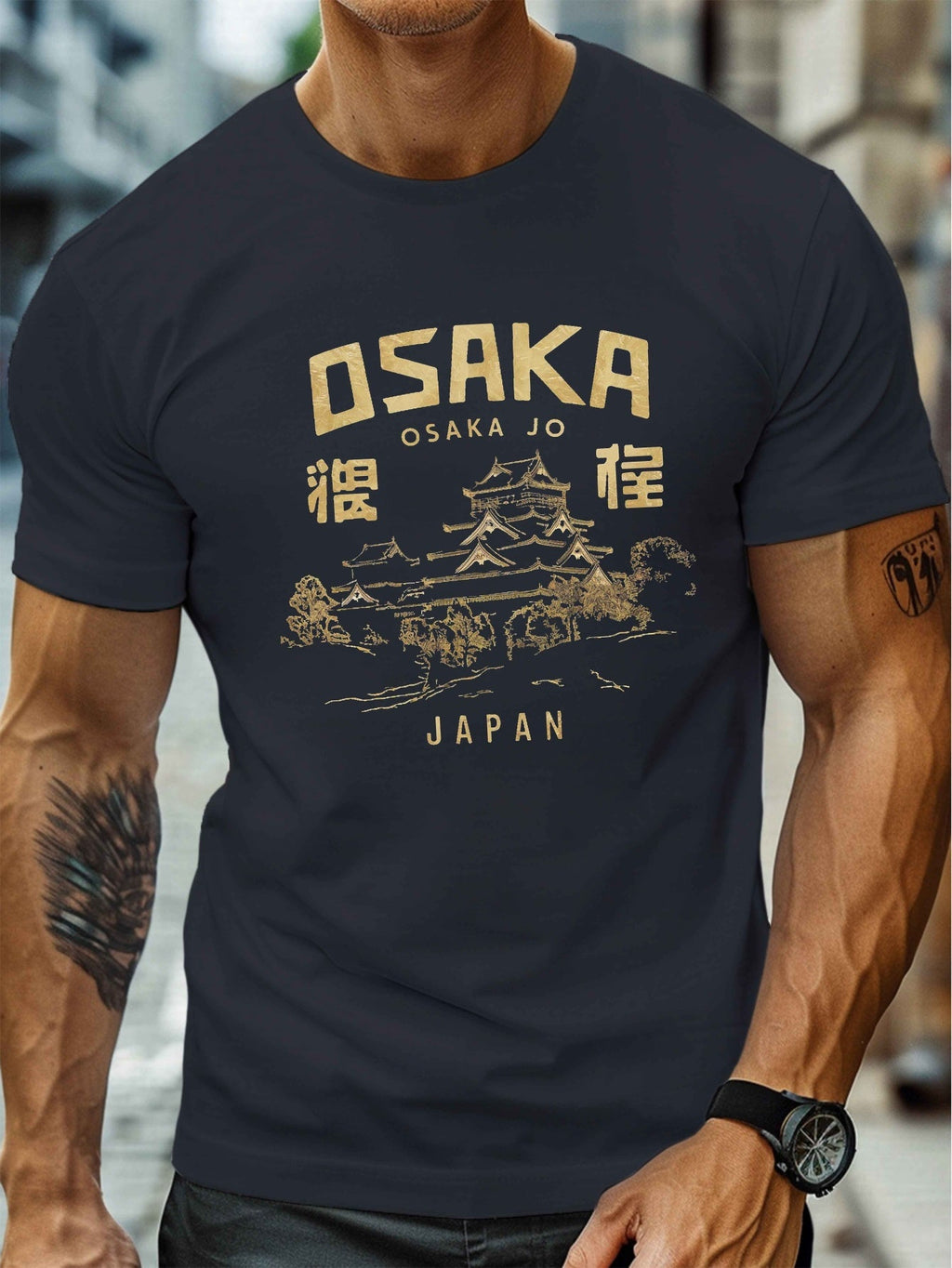 Osaka Jo Castle Illustration Print, Men's Round Crew Neck Short Sleeve Tee, Casual T-ShirtCasual Comfy Lightweight Top for Summer
