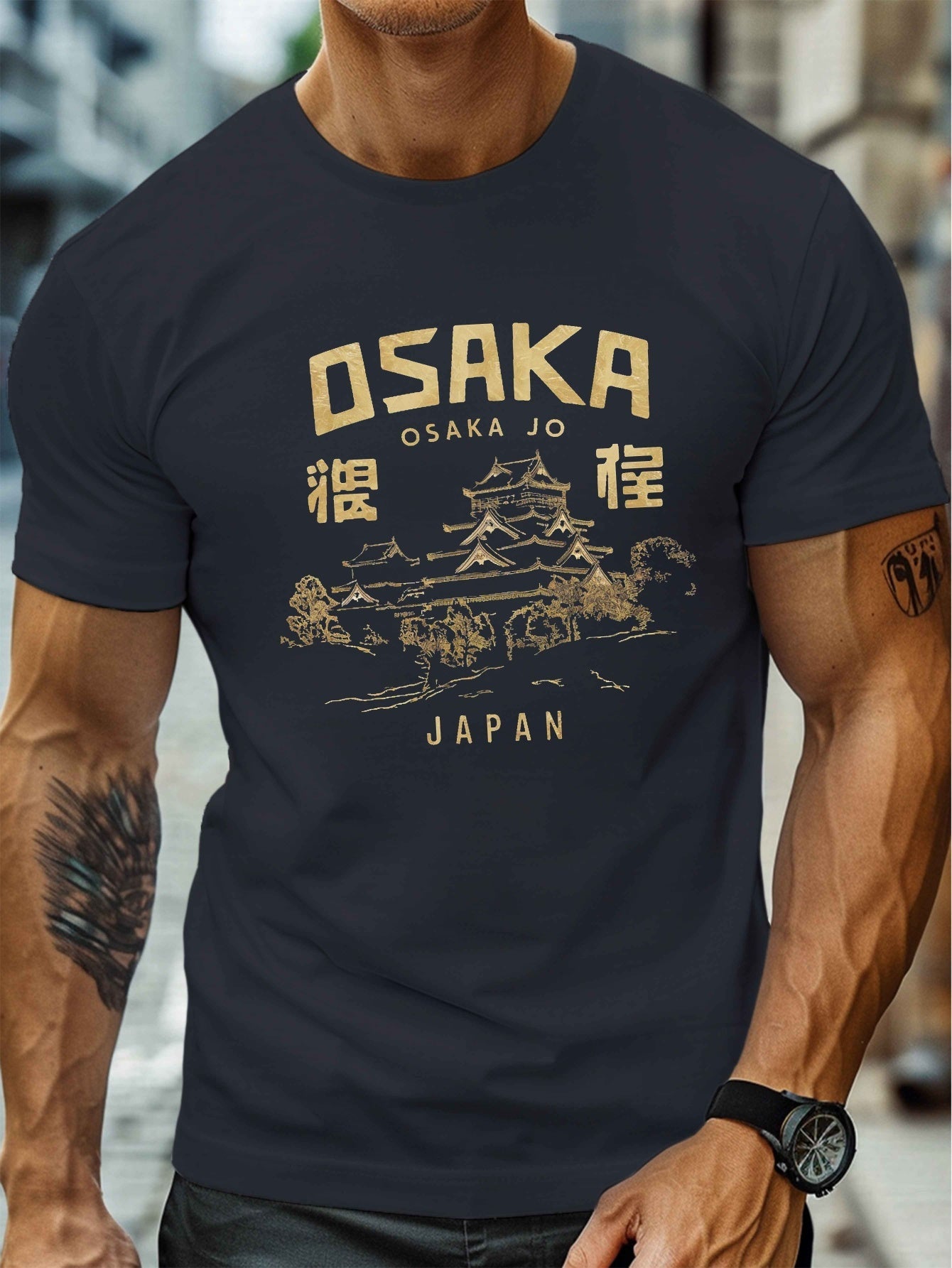 Osaka Jo Castle Illustration Print, Men's Round Crew Neck Short Sleeve Tee, Casual T-ShirtCasual Comfy Lightweight Top for Summer