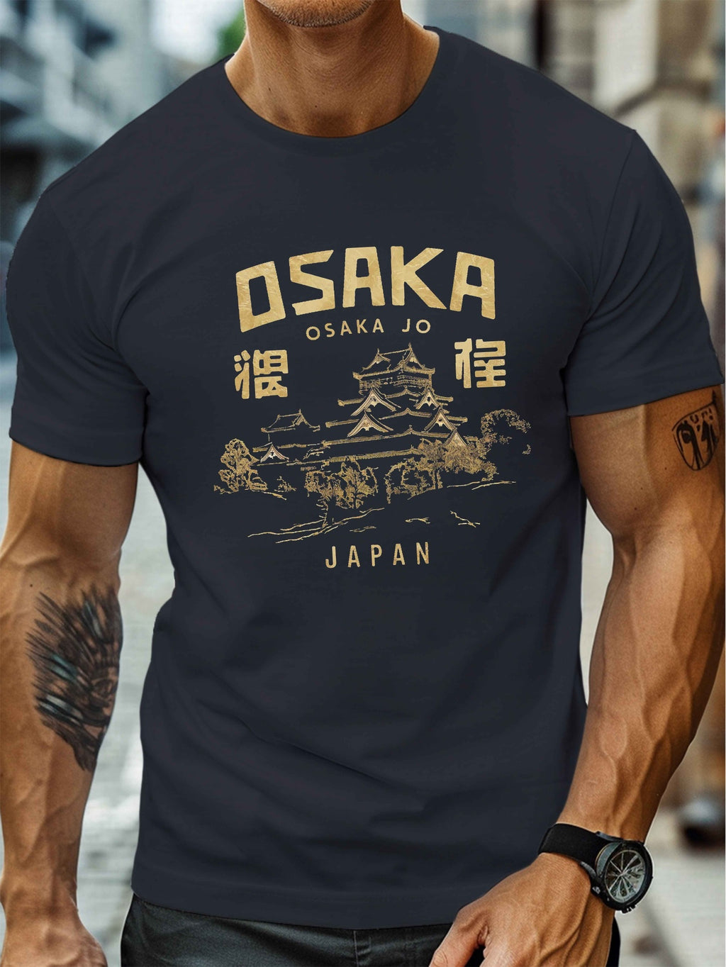 Osaka Jo Castle Illustration Print, Men's Round Crew Neck Short Sleeve Tee, Casual T-ShirtCasual Comfy Lightweight Top for Summer