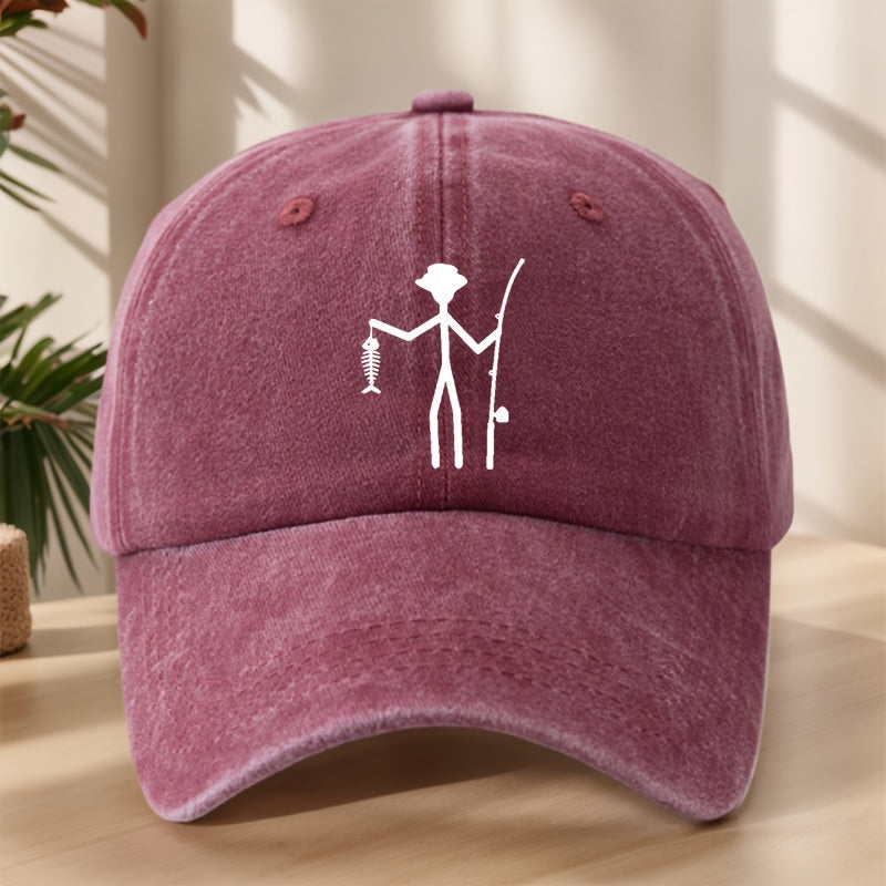 Creative Design Fishing Print Baseball Cap Classic Washed Vintage Duckbill Hat Soft Comfortable Sweat-Absorbing Breathable Hat Outdoor Leisure Sports Fishing Camping Adjustable Sun Hat