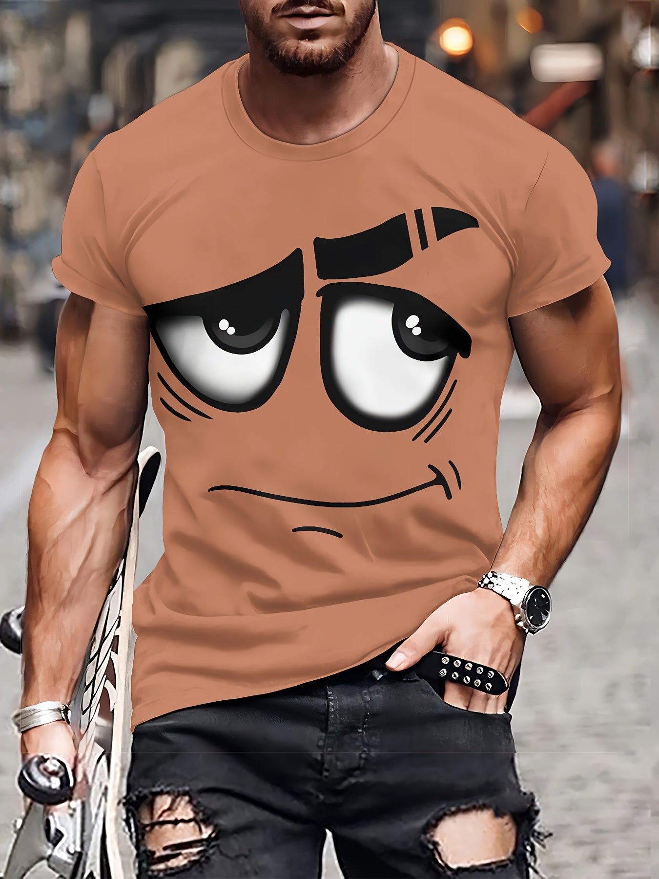 Men's 3D Novelty Graphic Tee - Casual Polyester Crew Neck T-Shirt, Machine Washable