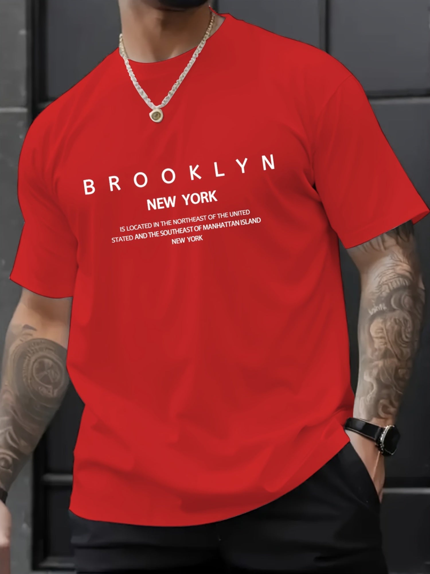 1pc Men's Casual Brooklyn Print T-Shirt, Polyester Knit Fabric, Round Neck, Regular Fit, Soft and Comfortable, Summer Graphic Tee for Adults
