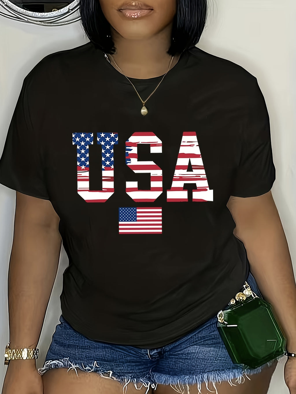 Short Sleeve Round Neck Top with USA Flag Print