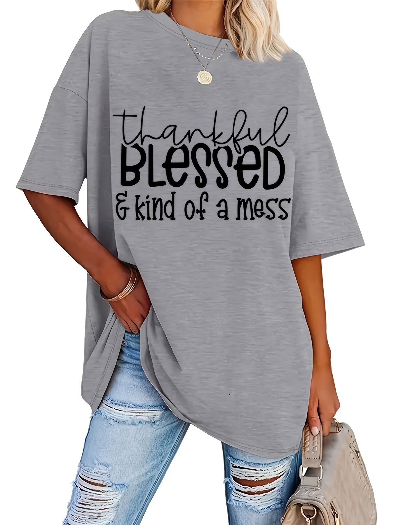 Plus Size Blessed Print T-shirt, Short Sleeve Crew Neck Casual Top For Summer & Spring, Women's Plus Size Clothing