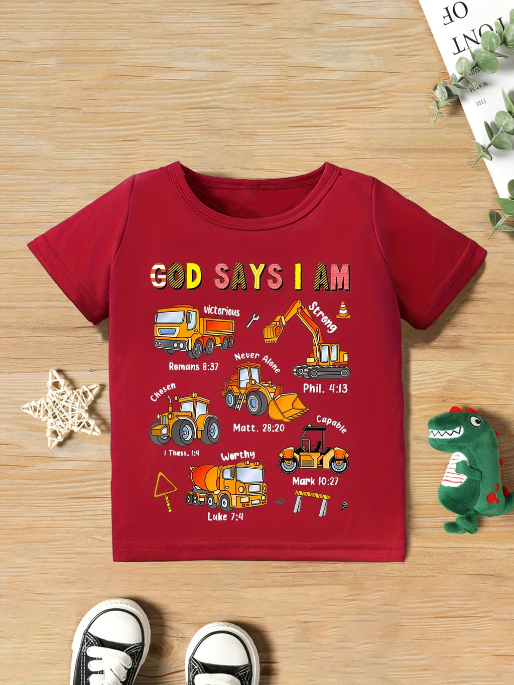 Boys' Fashionable Children's T-Shirt "God Says I Am..." Excavator and Truck Print, Cute Short-Sleeve T-Shirt, Versatile Casual Top