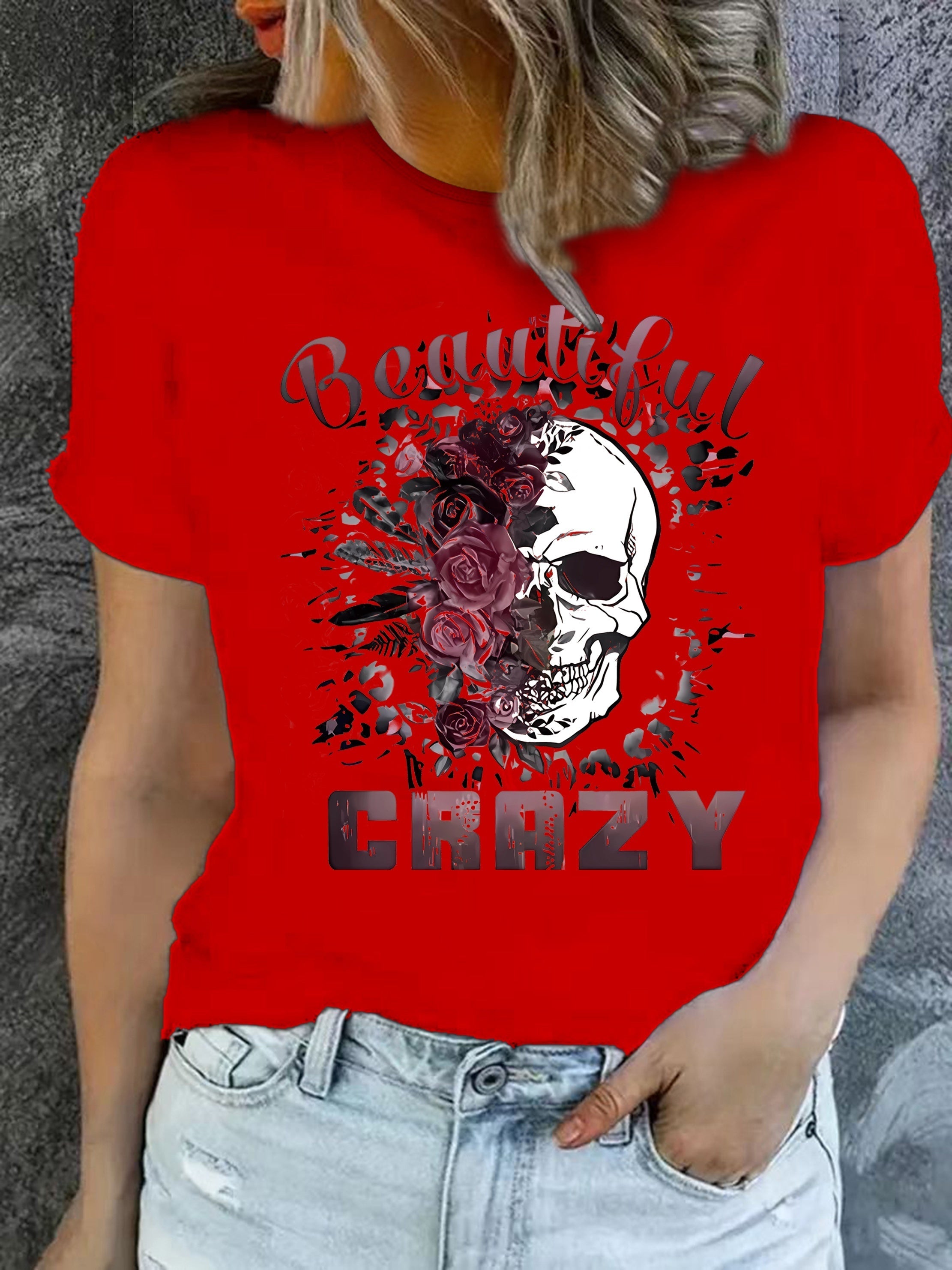Skull & Letter Print T-shirt, Casual Crew Neck Short Sleeve T-shirt, Women's Clothing