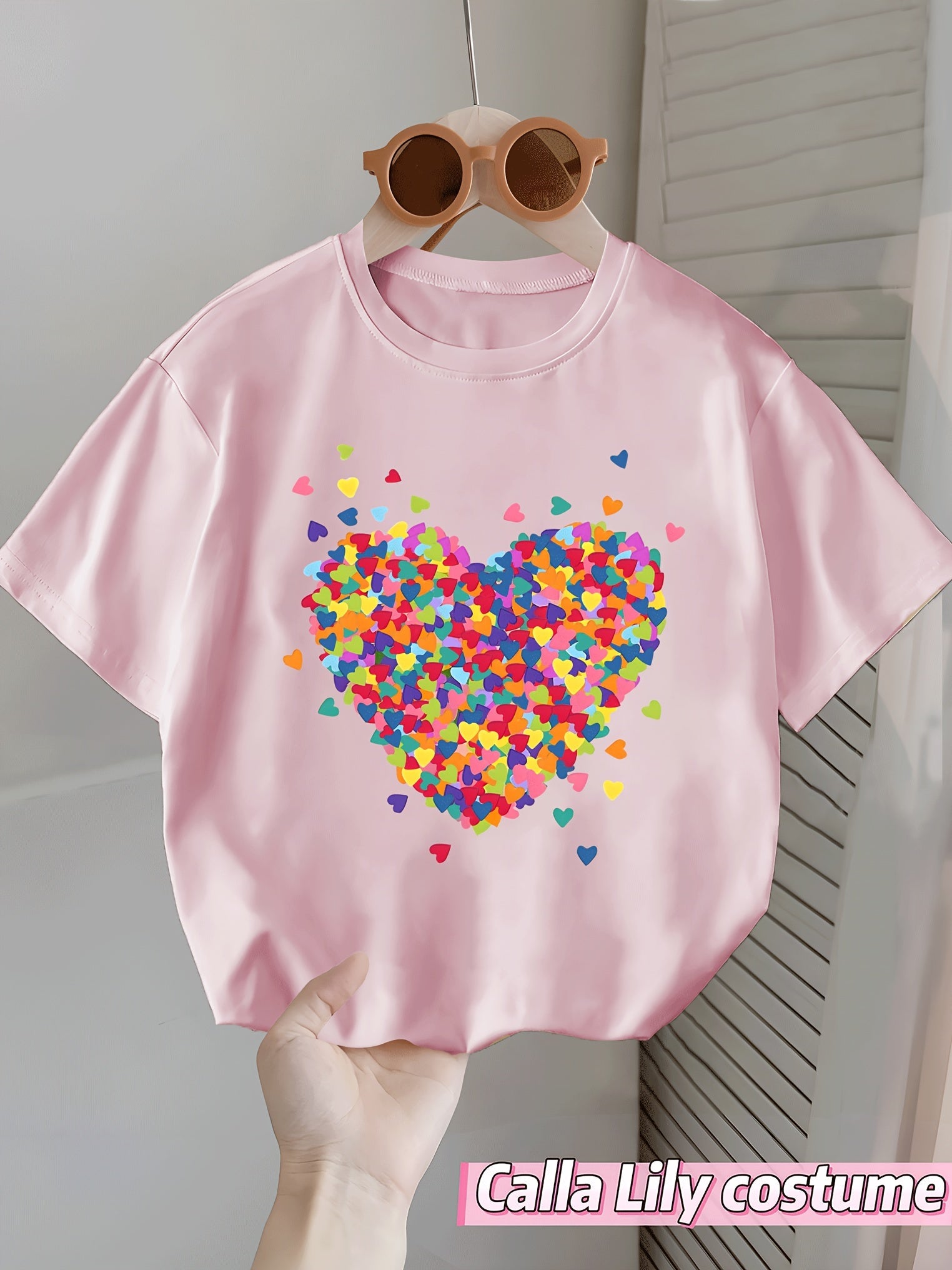 Colorful Heart Pattern Print, Girls' Summer Short-Sleeve T-Shirt, Stretchy And Comfortable Clothing for Outings