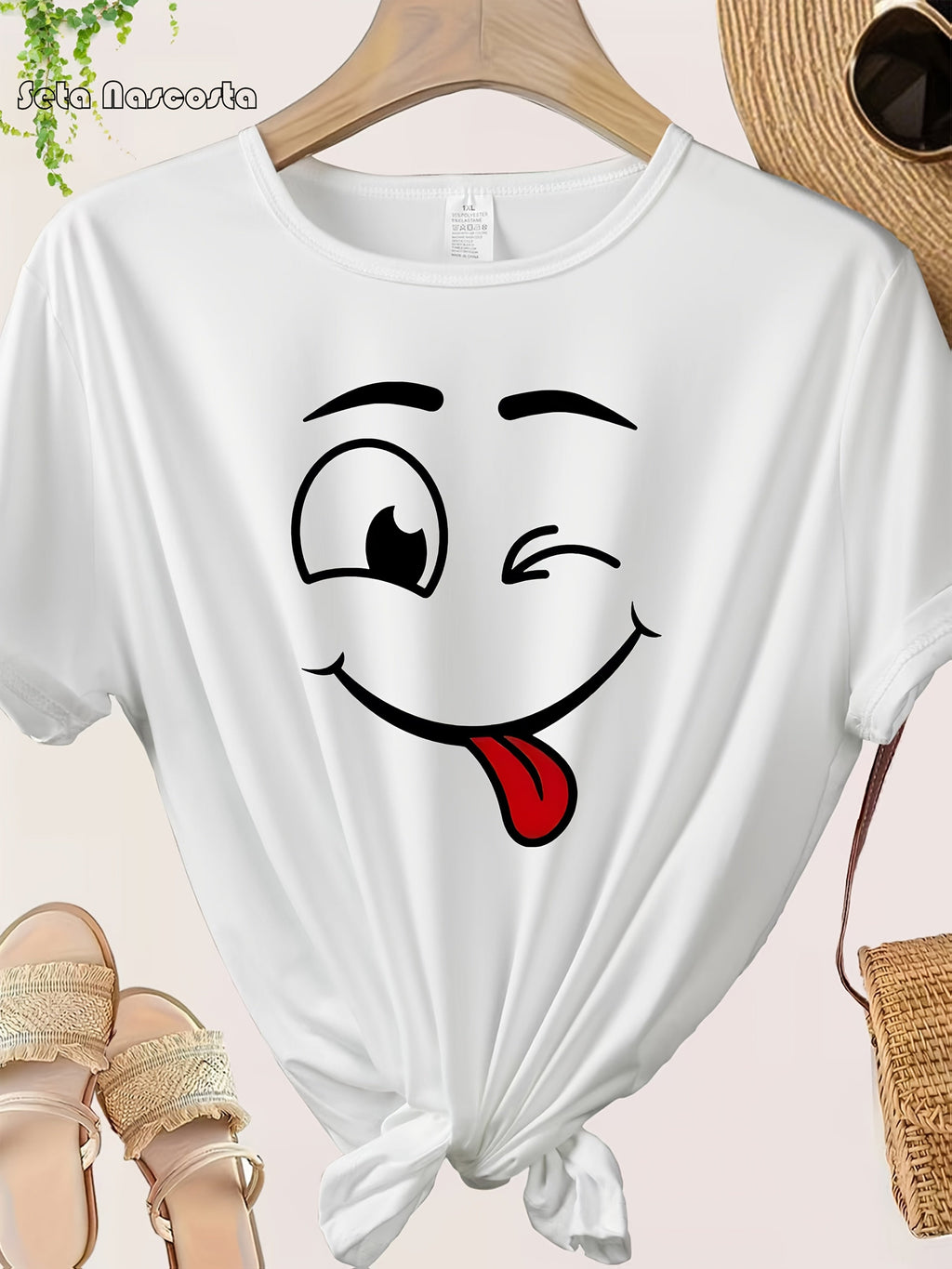 Plus Size - Plus Size - Plus-Size T-Shirt Featuring a 'Smile Pattern' Print, with Fun Expression Graphics on Short Sleeves